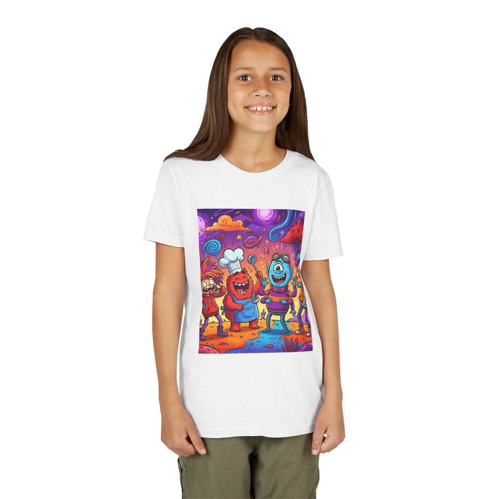 Funny Character Crew Youth Tee — Colorful Crazy Faces Graphic