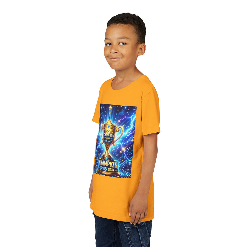 Youth Trophy Lightning Tee — Winning Kids' Short Sleeve Shirt with Stars & Confetti