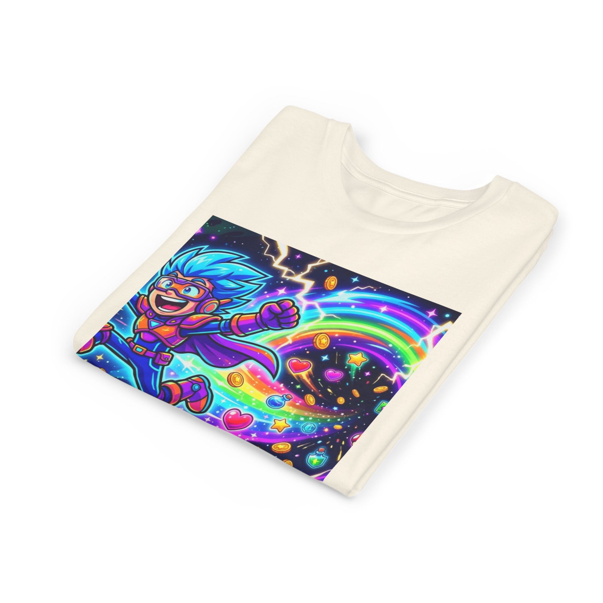 Retro Pixel Explosion Youth Tee — Smiling Avatar, Hearts, Gems & Controllers