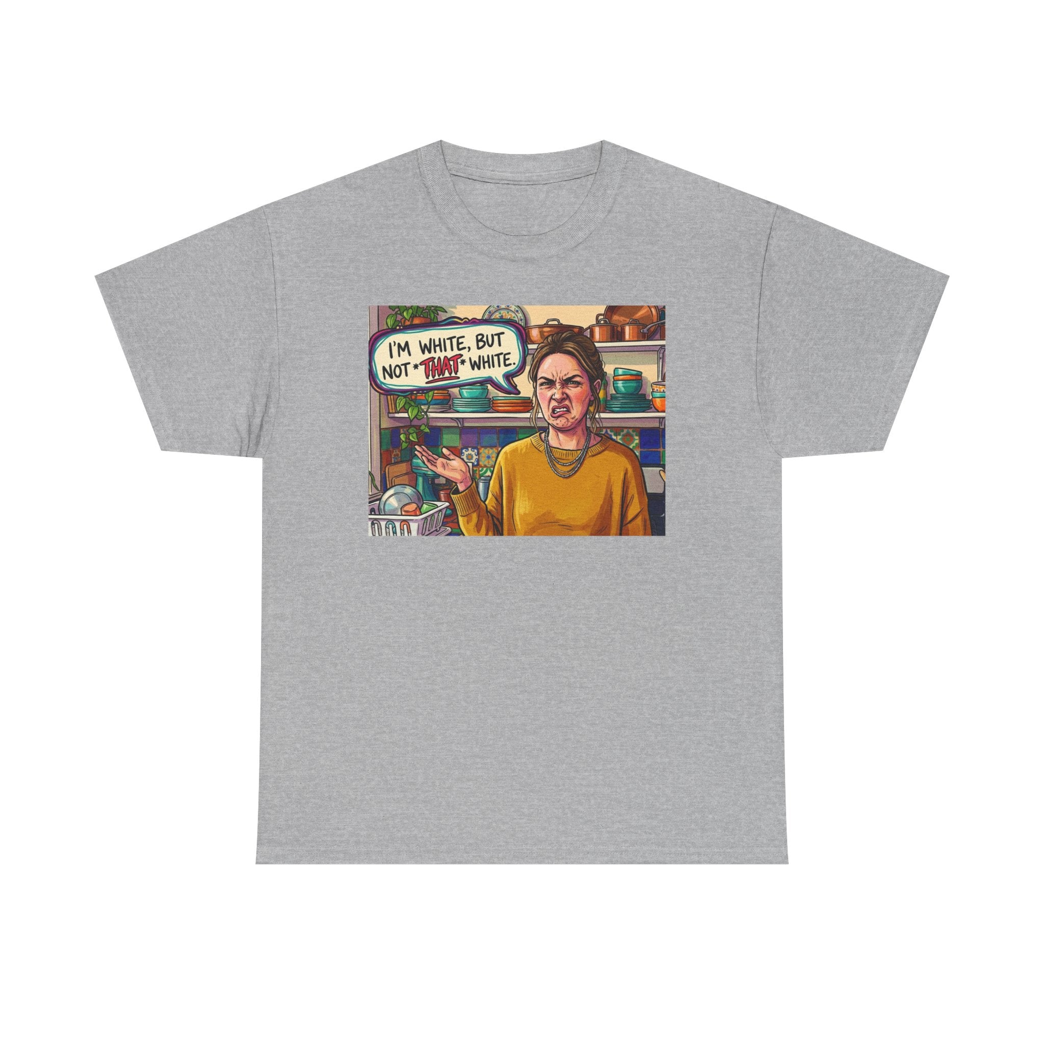 Graphic Tee — "I'm White, But Not THAT White" Illustration with Back Raised Fist Logo