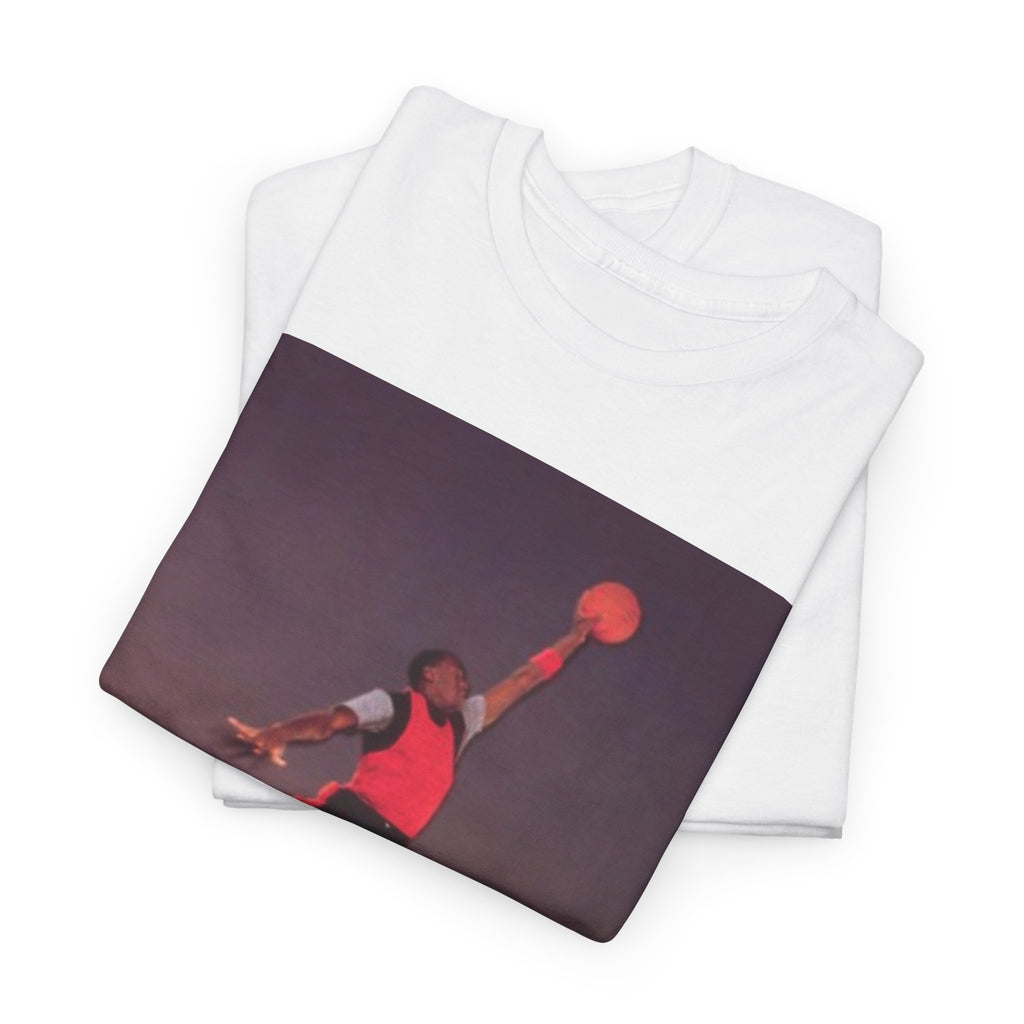 Basketball Jumpman Tee — Retro Skyline Graphic T-Shirt with Red Fist Back Emblem