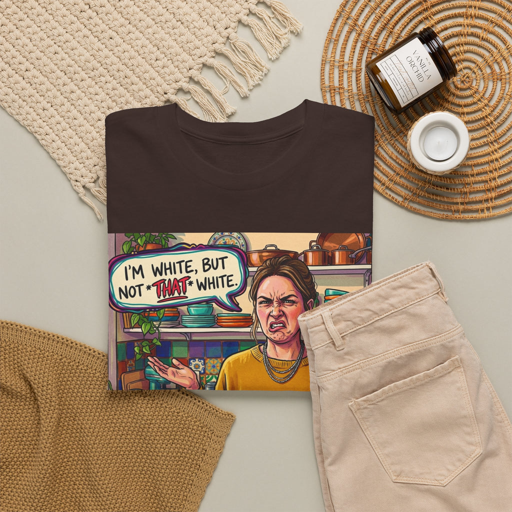 Graphic Tee — "I'm White, But Not THAT White" Illustration with Back Raised Fist Logo