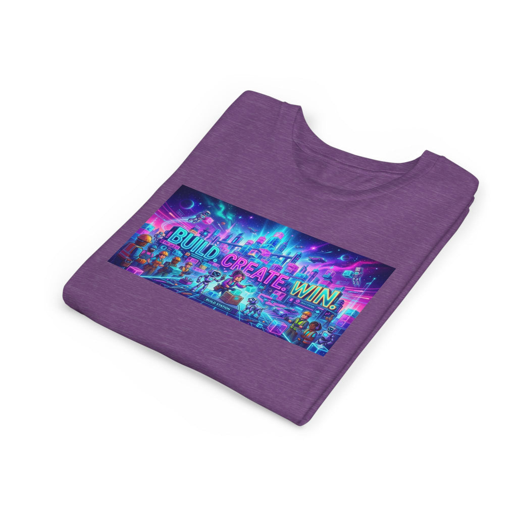 Youth Tee — “BUILD. CREATE. WIN.” Neon Builder City Design