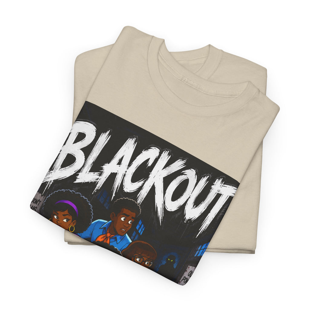 Blackout Graphic Tee — Urban Comic Poster Design with Back Fist Logo