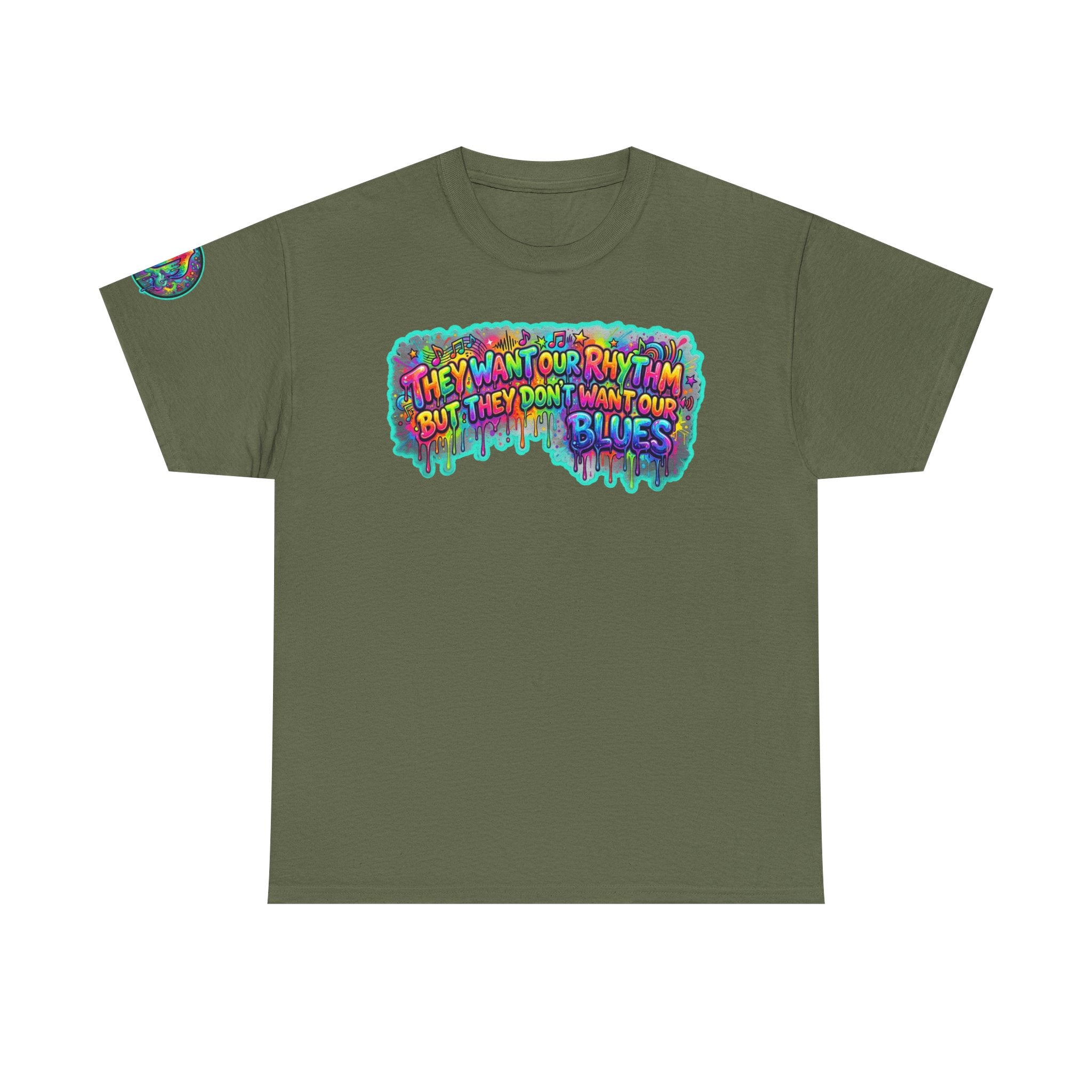 Music Vibes Tee — “They Want Our Rhythm But They Don’t Want Our Blues” Psychedelic Drip Note T-Shirt