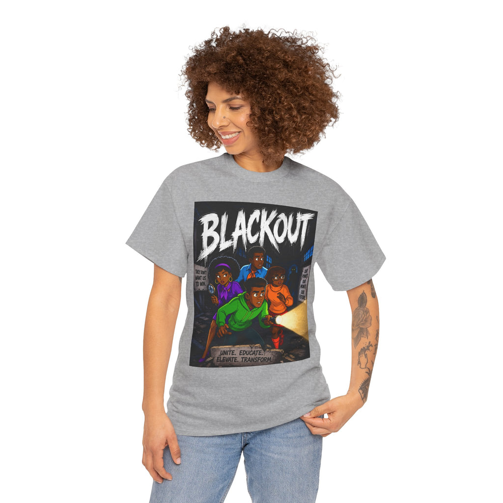 Blackout Graphic Tee — Urban Comic Poster Design with Back Fist Logo