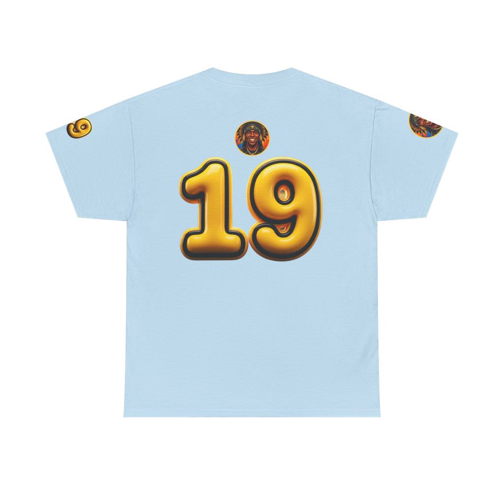 Melanated 19 Graphic Tee — Retro Script Logo & Gold Number Baseball Shirt