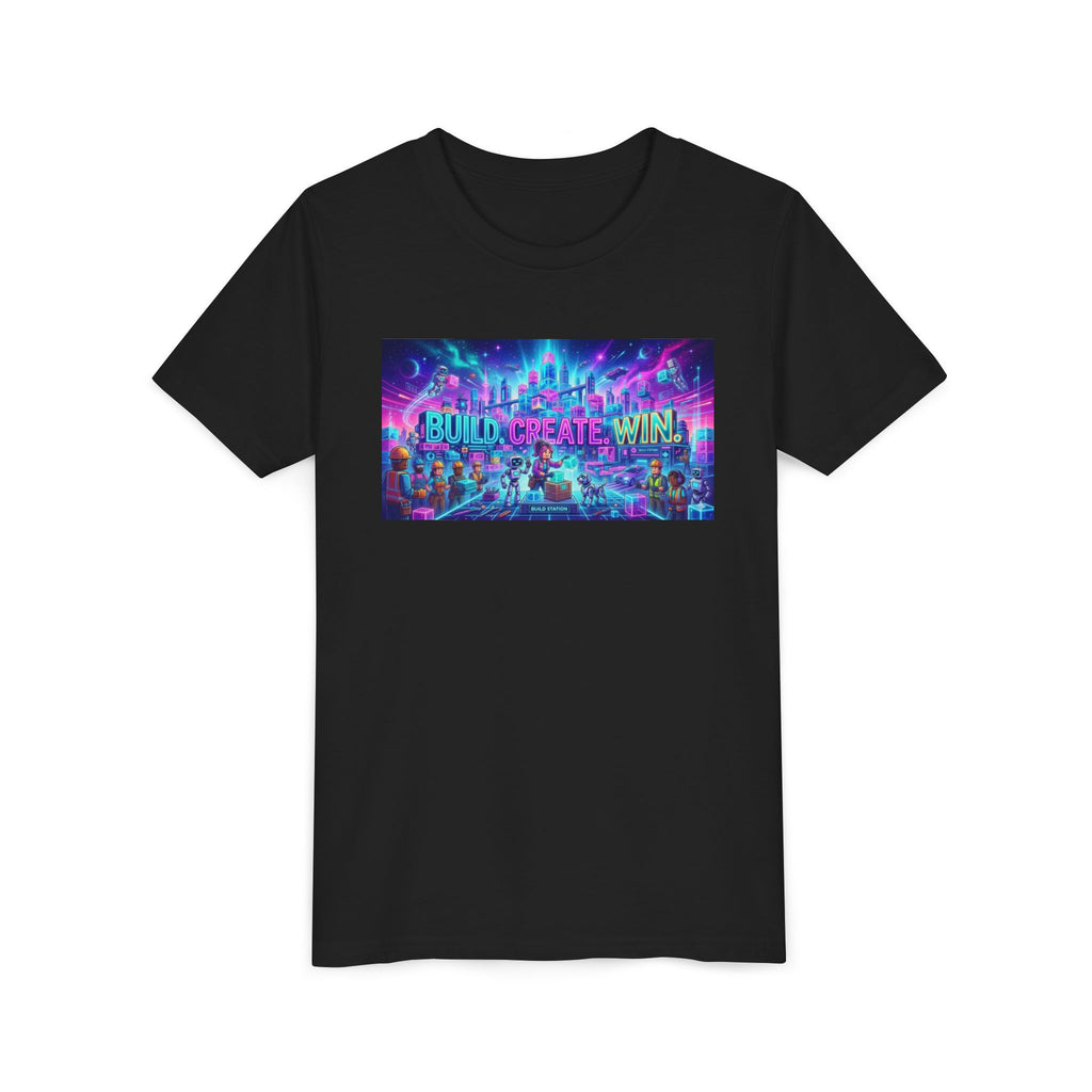 Youth Tee — “BUILD. CREATE. WIN.” Neon Builder City Design