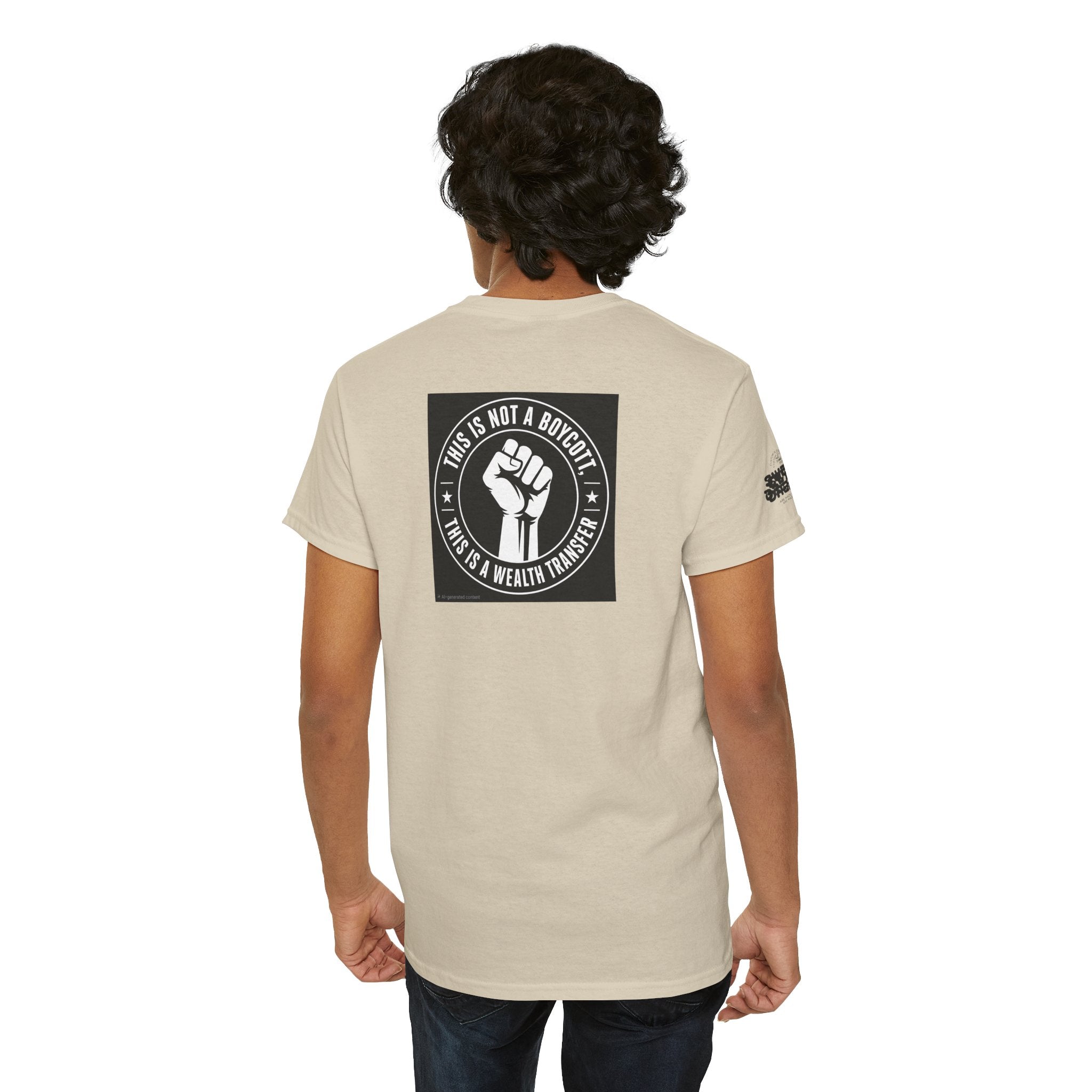 Graphic Tee — 'This Is Not A Boycott, This Is A Wealth Transfer' Back Print with Reading Child Artwork
