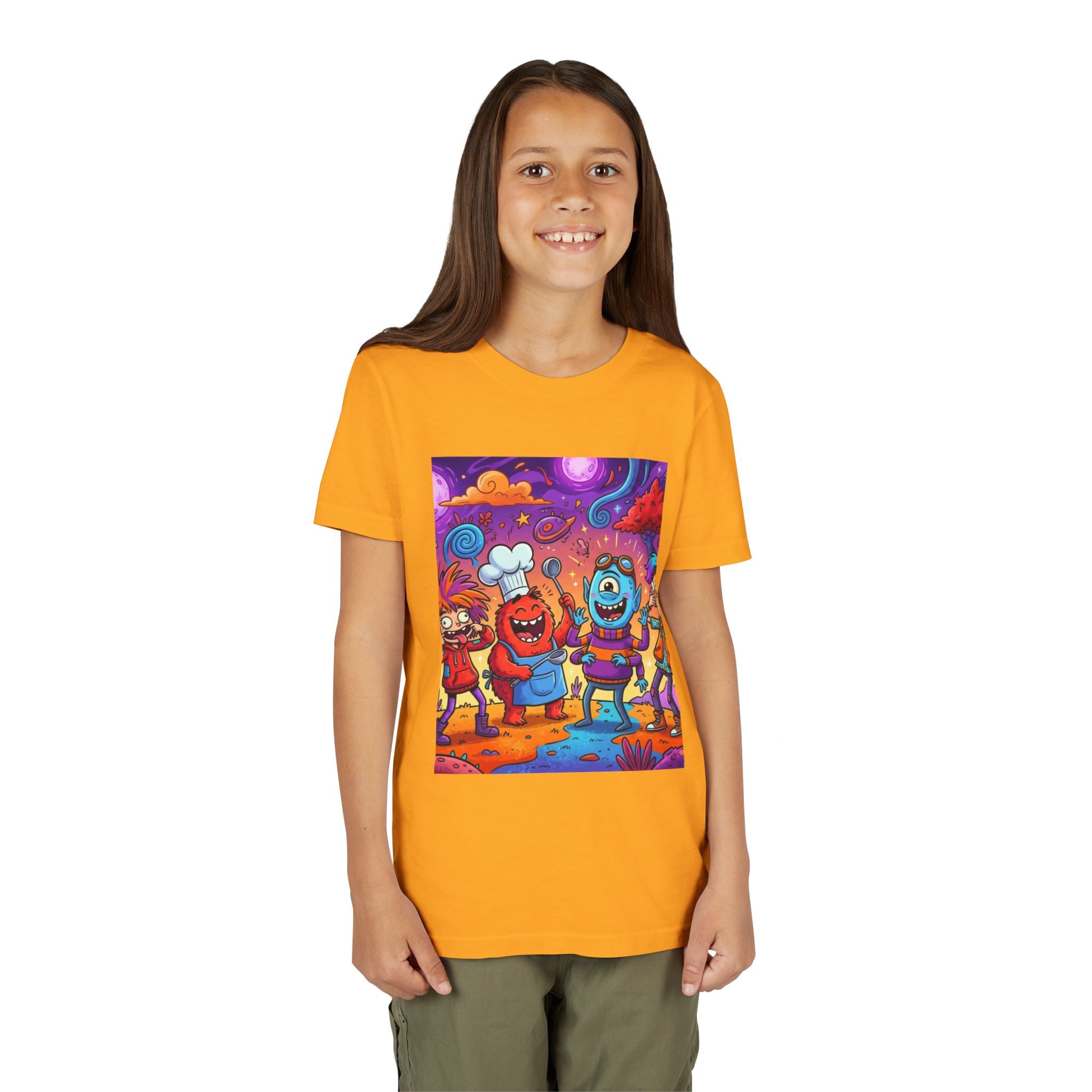 Funny Character Crew Youth Tee — Colorful Crazy Faces Graphic