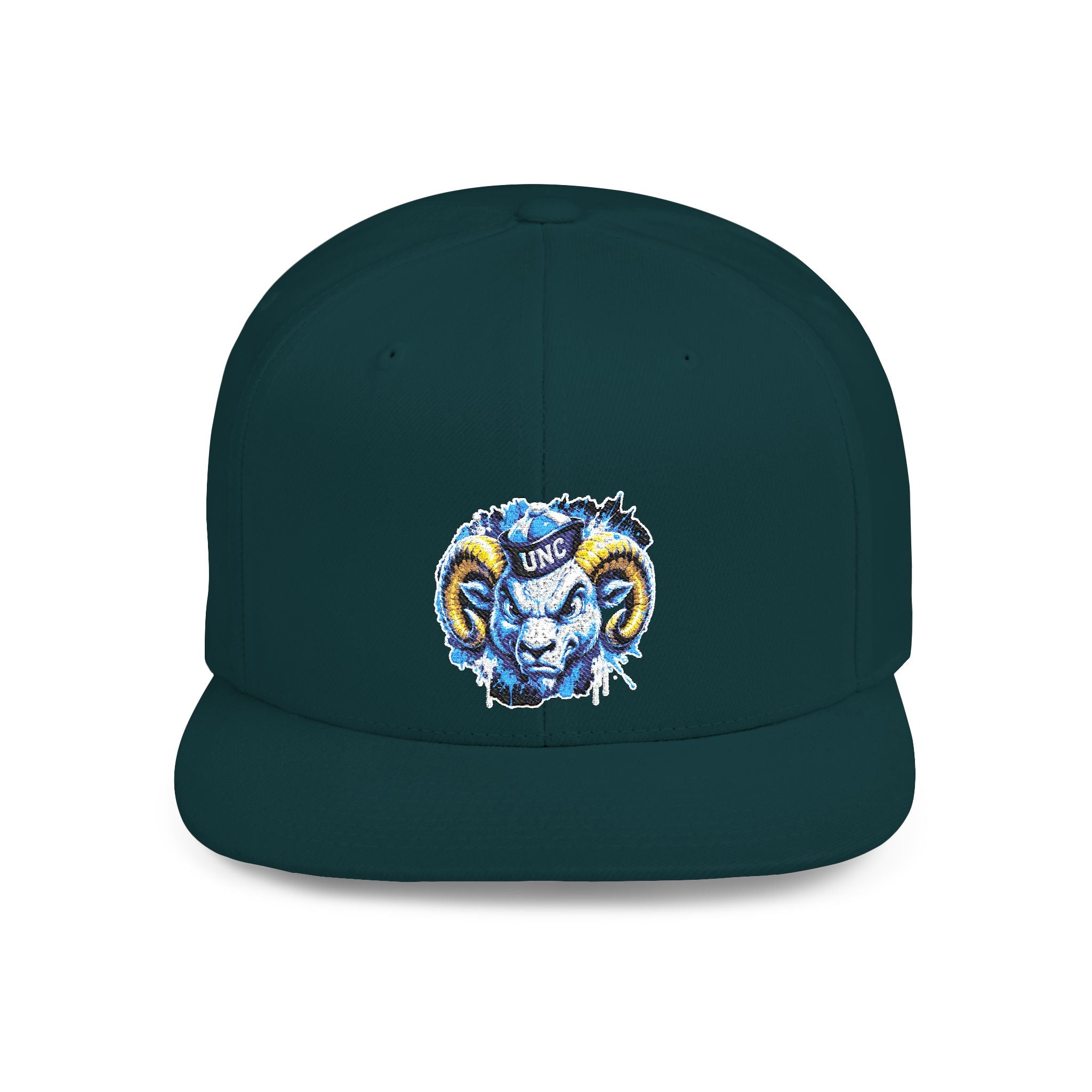 Ram Head Snapback Hat — Blue & Gold Embroidered Flat-Bill Cap