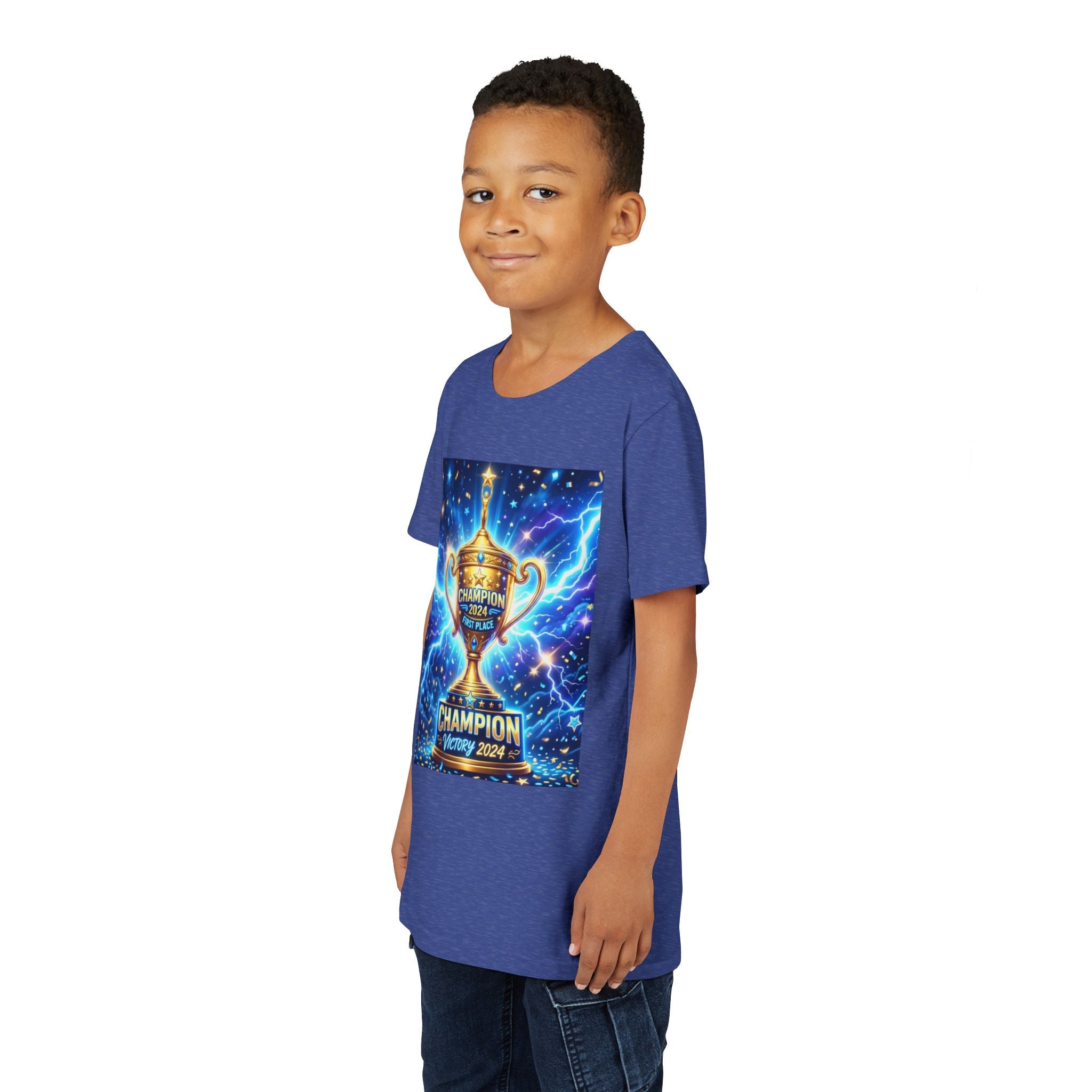 Youth Trophy Lightning Tee — Winning Kids' Short Sleeve Shirt with Stars & Confetti