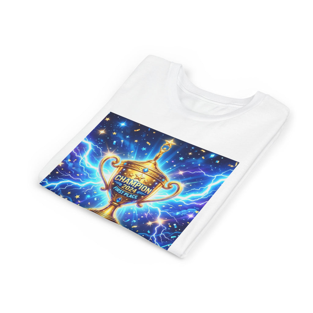 Youth Trophy Lightning Tee — Winning Kids' Short Sleeve Shirt with Stars & Confetti