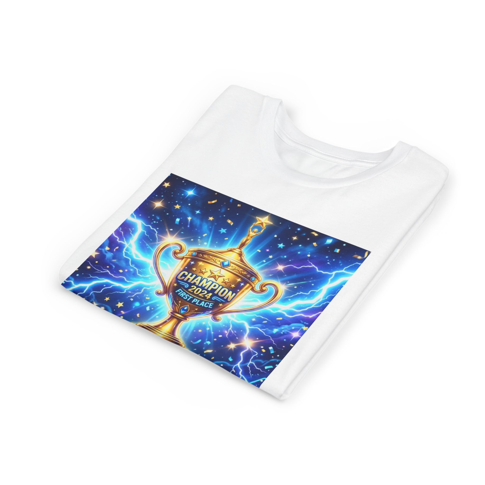 Youth Trophy Lightning Tee — Winning Kids' Short Sleeve Shirt with Stars & Confetti