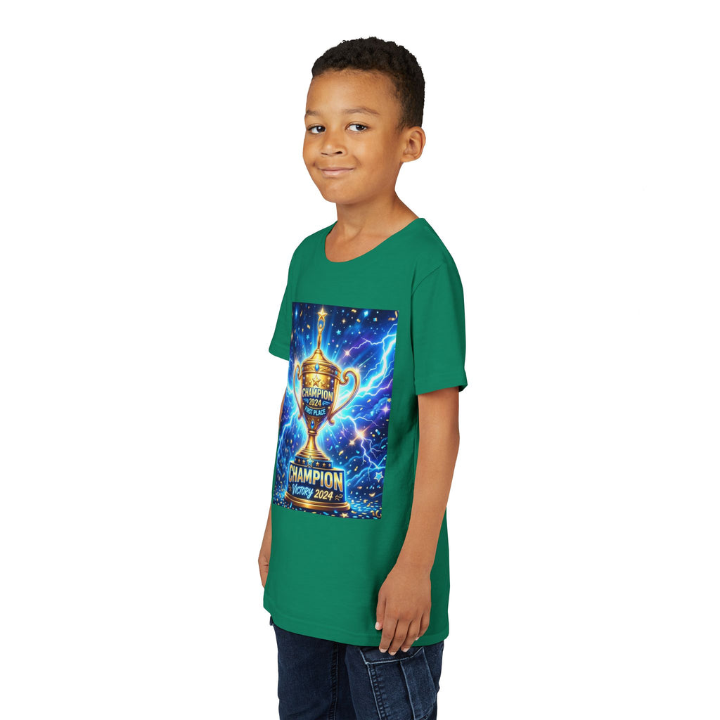 Youth Trophy Lightning Tee — Winning Kids' Short Sleeve Shirt with Stars & Confetti
