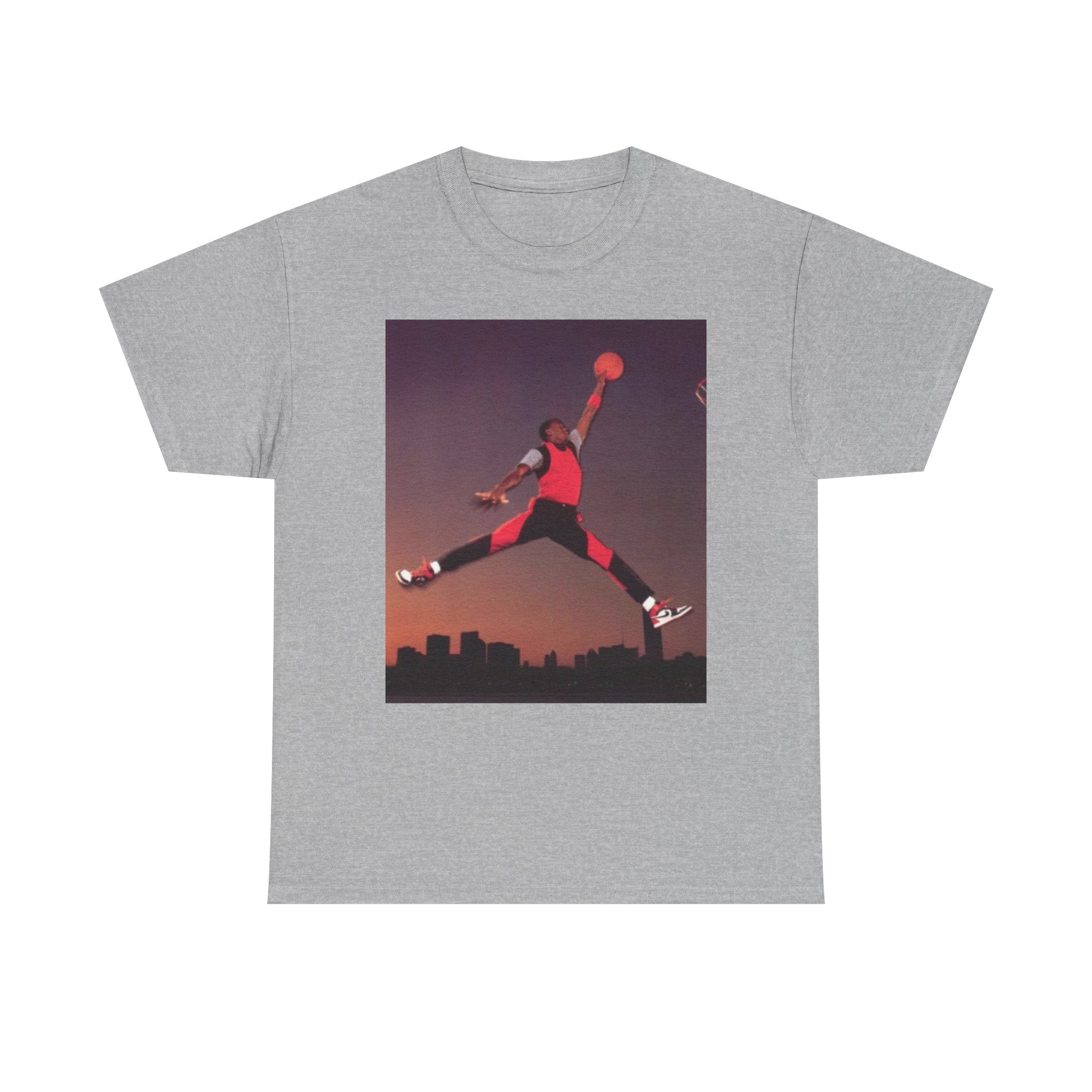 Basketball Jumpman Tee — Retro Skyline Graphic T-Shirt with Red Fist Back Emblem