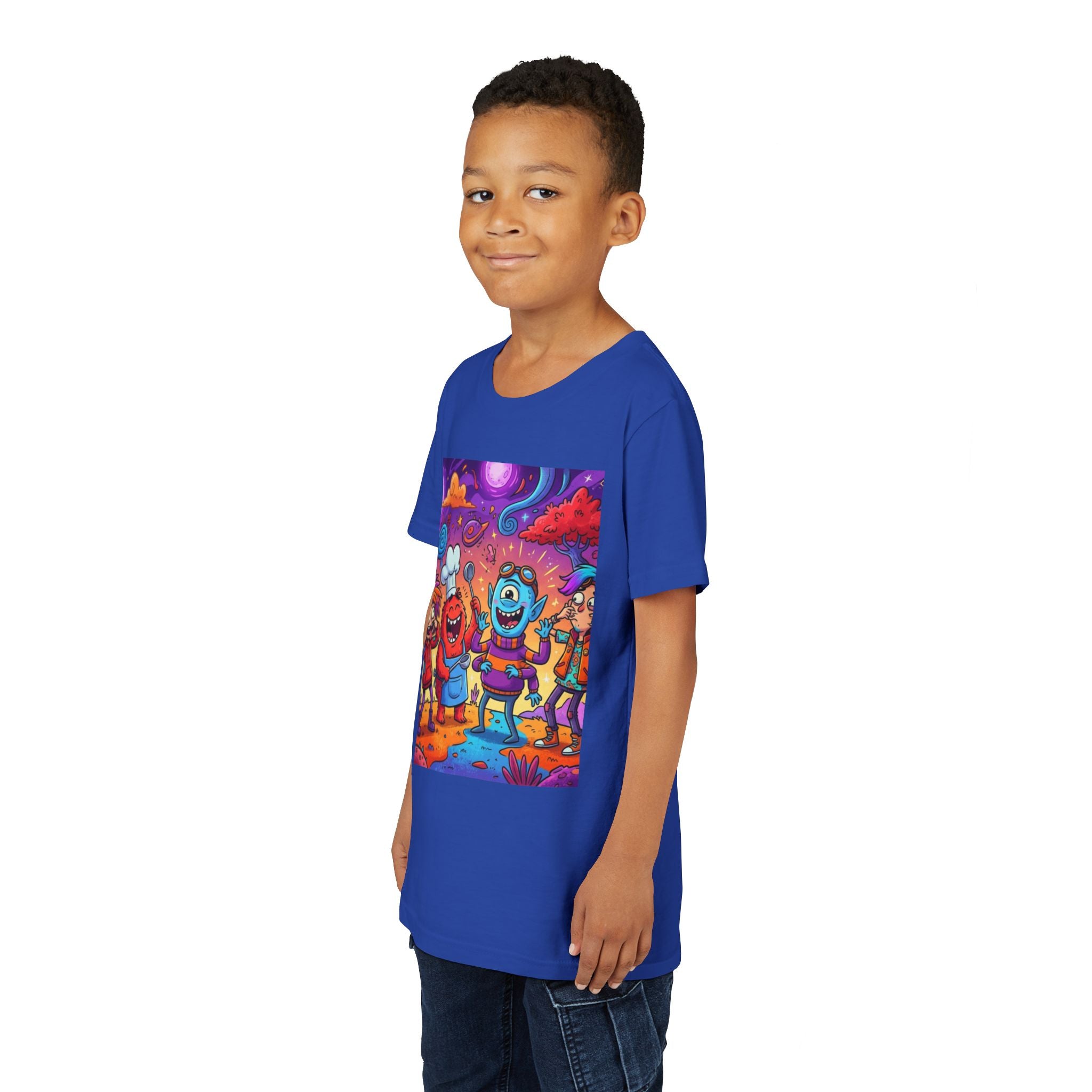 Funny Character Crew Youth Tee — Colorful Crazy Faces Graphic