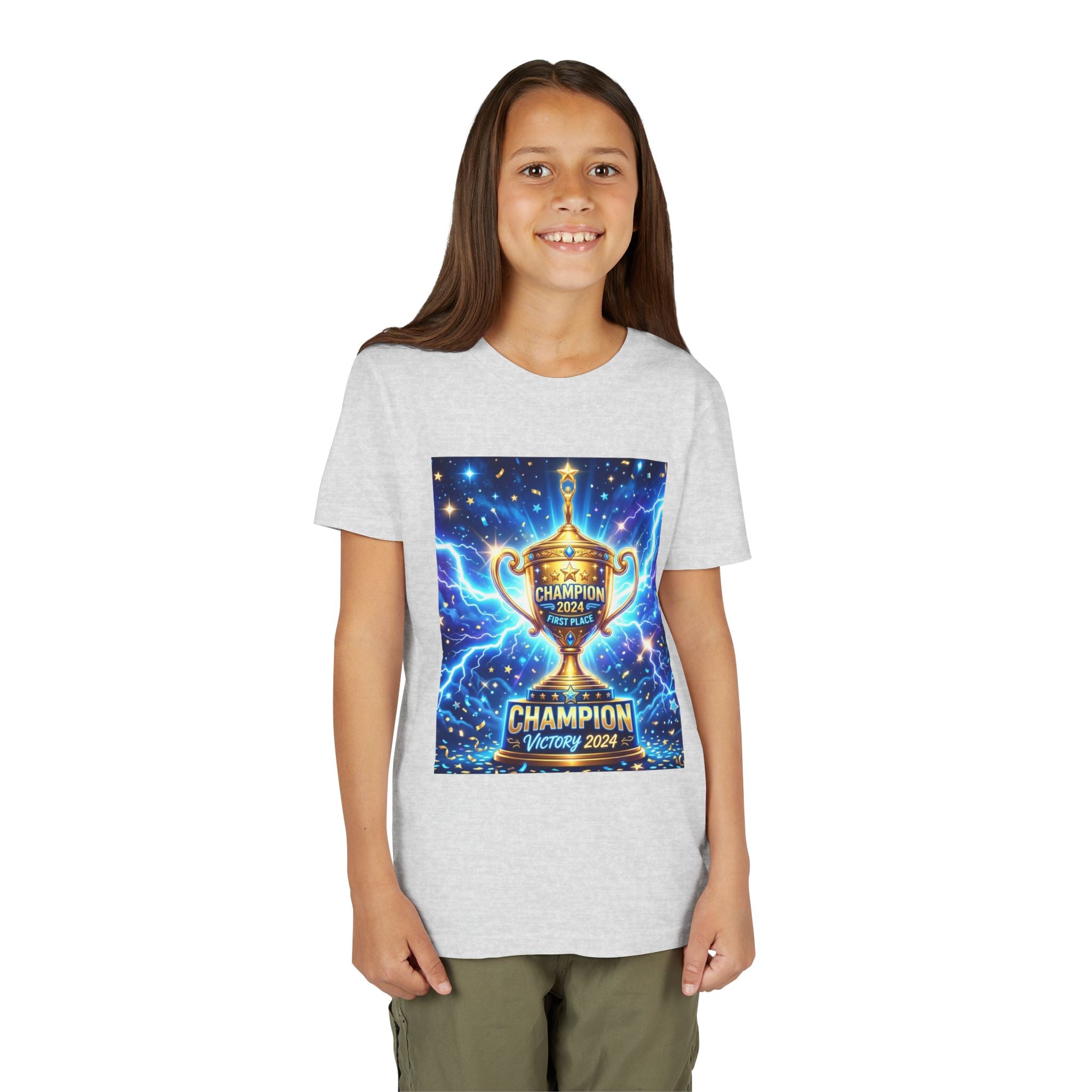 Youth Trophy Lightning Tee — Winning Kids' Short Sleeve Shirt with Stars & Confetti