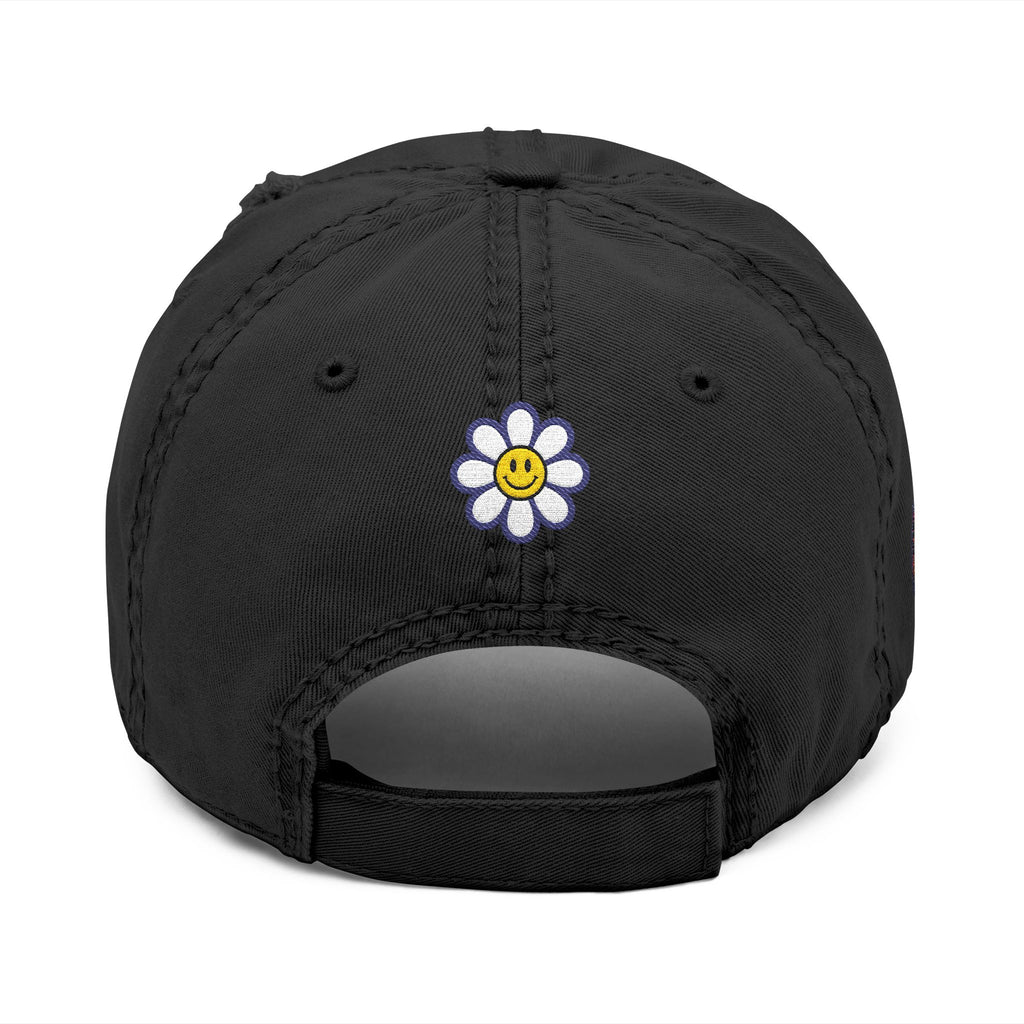 Distressed Embroidered Dad Hat — Retro Rainbow Fist & Smiley Daisy Cap