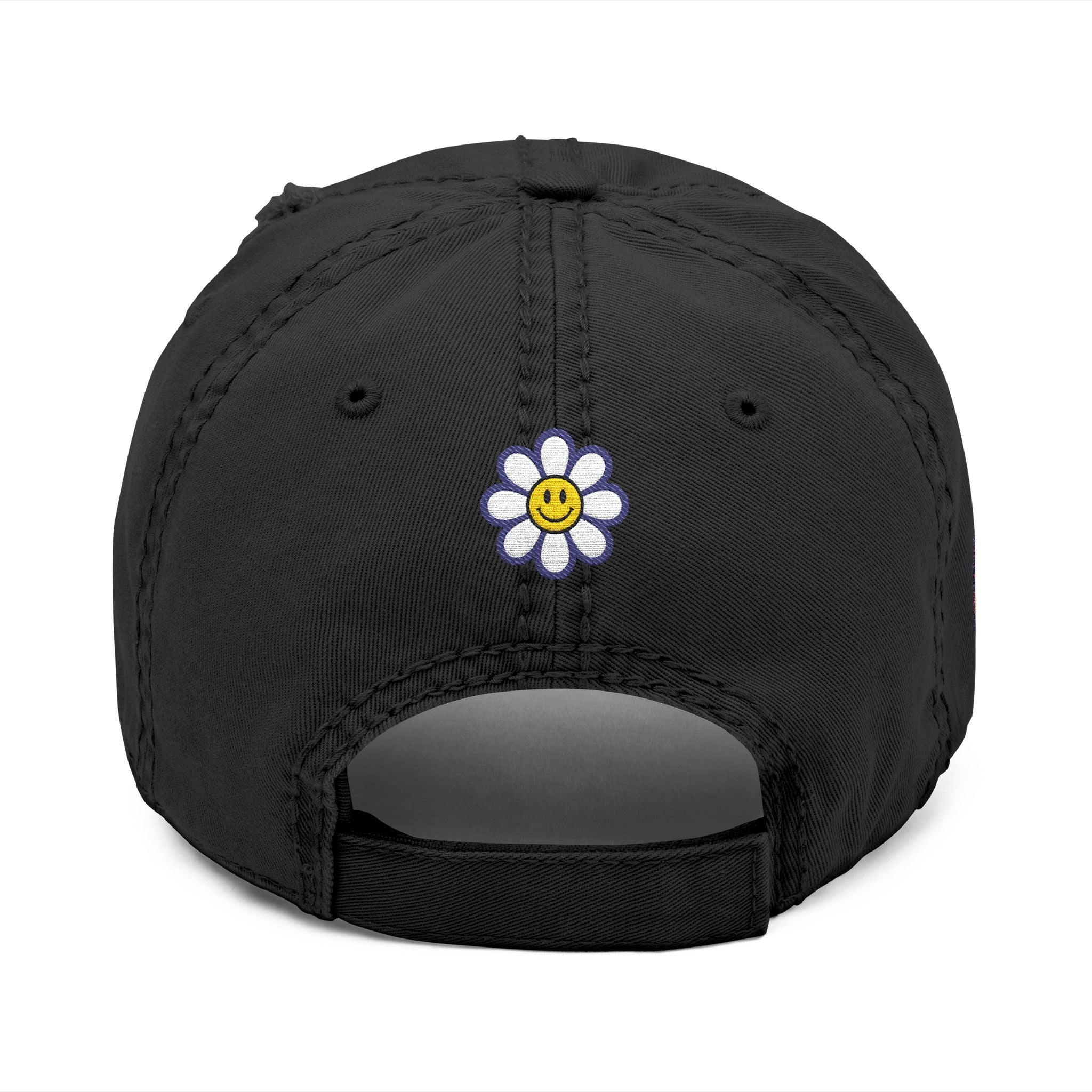 Distressed Embroidered Dad Hat — Retro Rainbow Fist & Smiley Daisy Cap