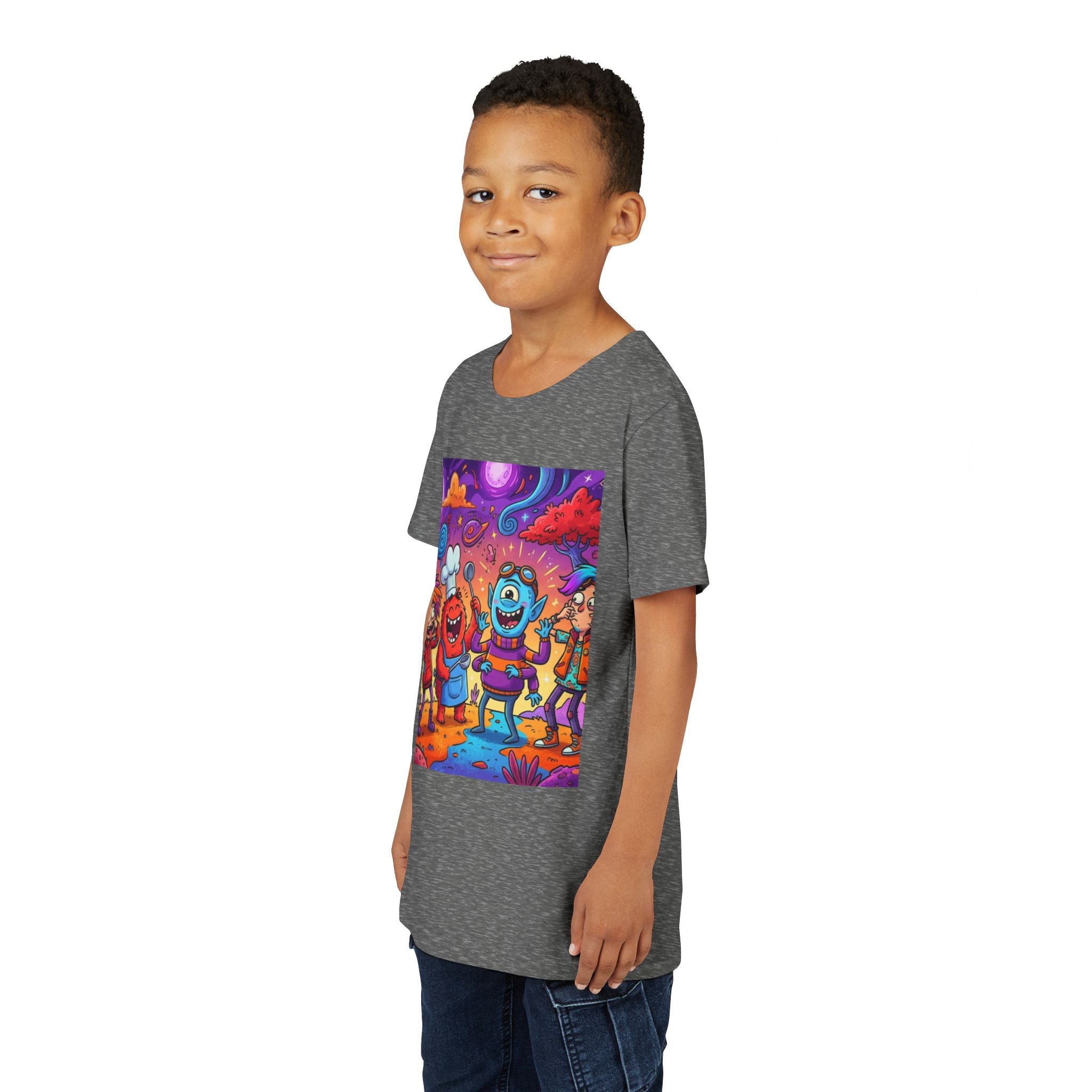 Funny Character Crew Youth Tee — Colorful Crazy Faces Graphic