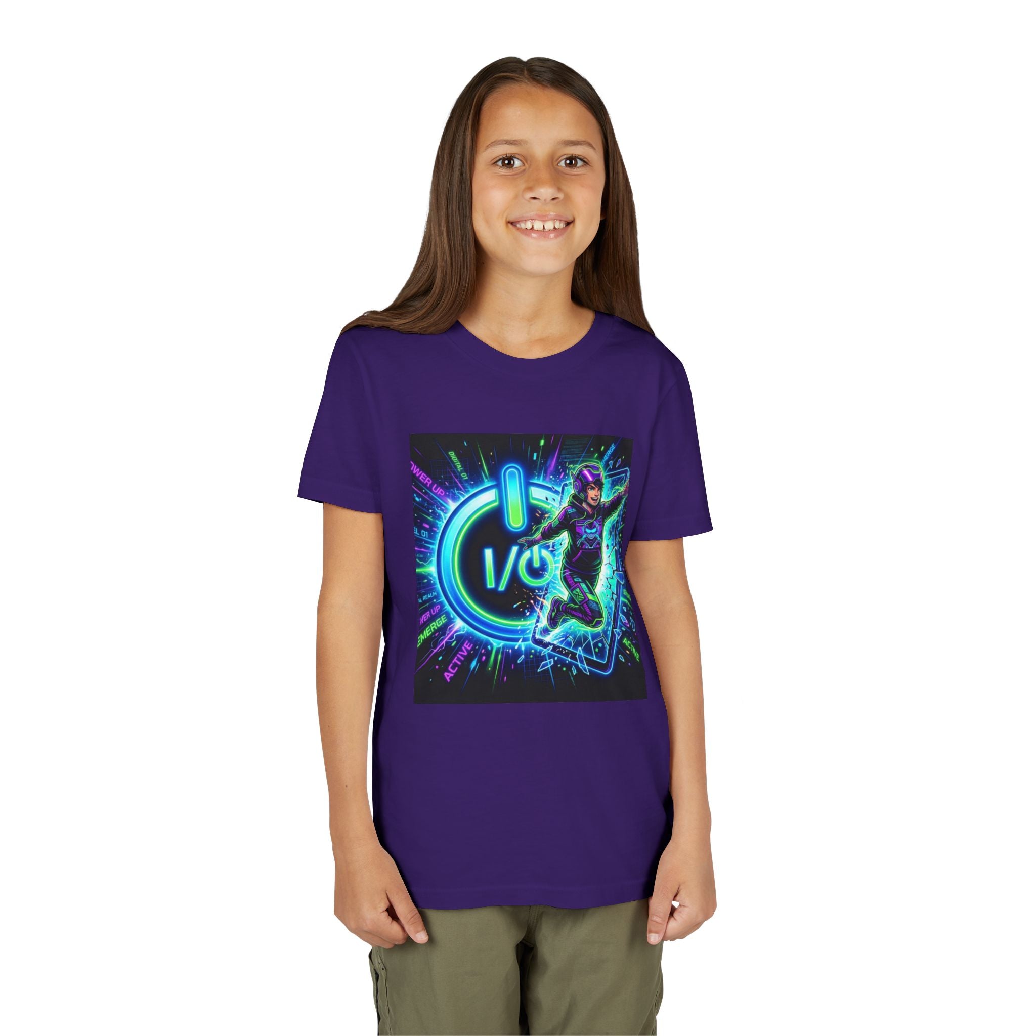 Neon Power Button Tee — Gamer Screen Escape Youth T-Shirt