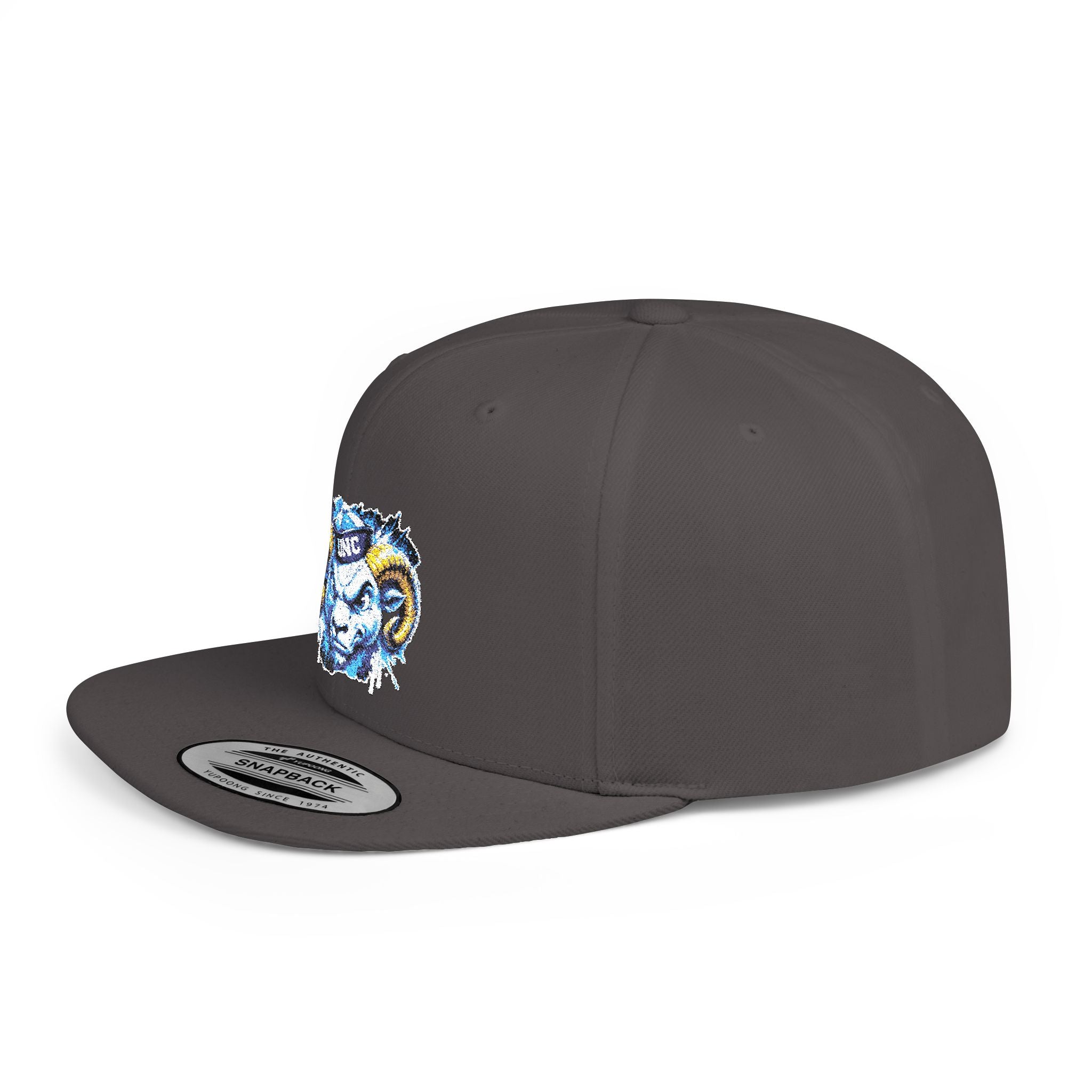 Ram Head Snapback Hat — Blue & Gold Embroidered Flat-Bill Cap