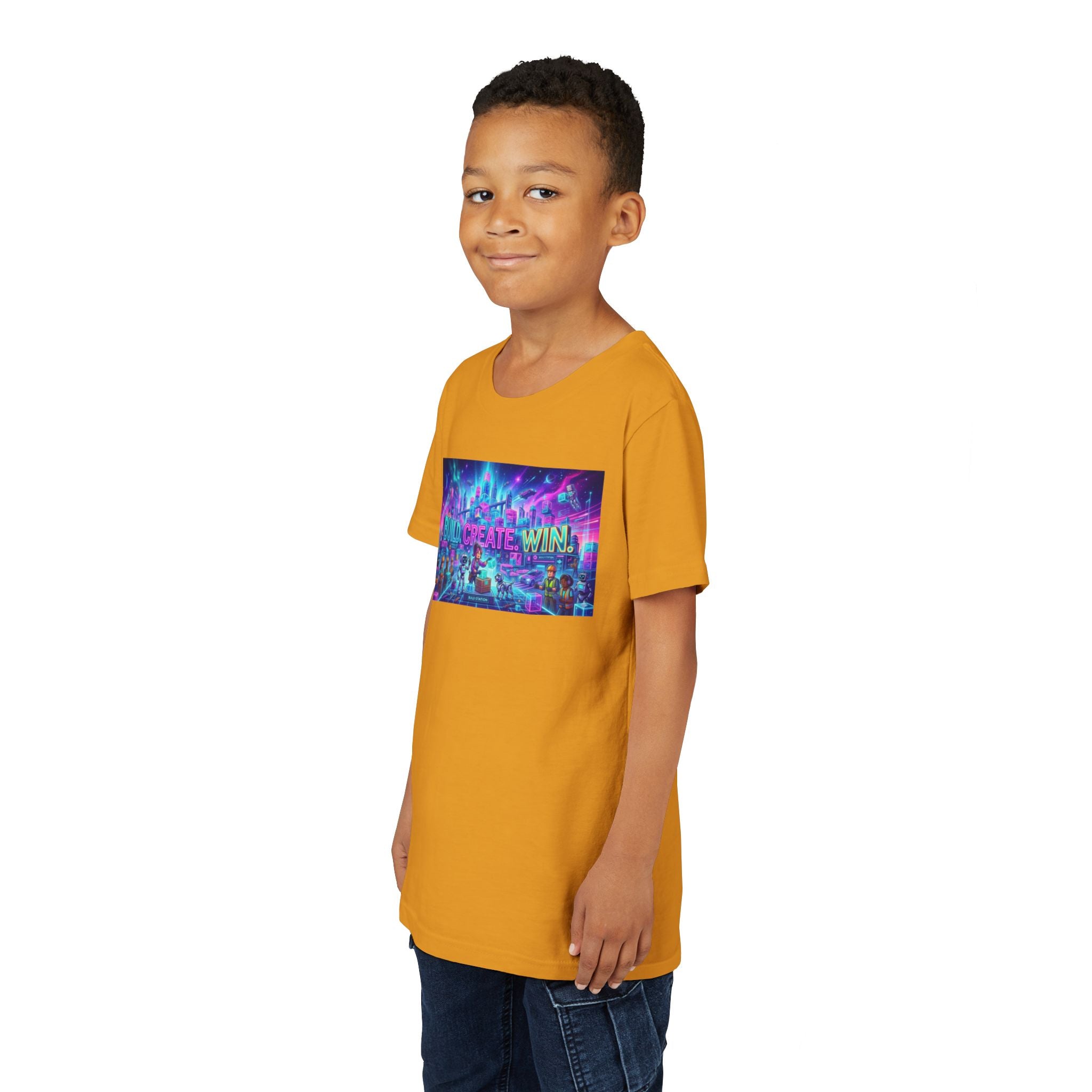 Youth Tee — “BUILD. CREATE. WIN.” Neon Builder City Design