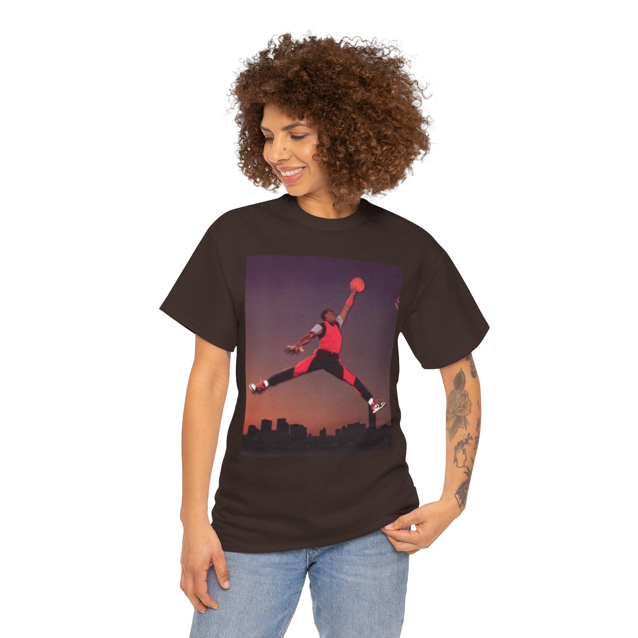 Basketball Jumpman Tee — Retro Skyline Graphic T-Shirt with Red Fist Back Emblem