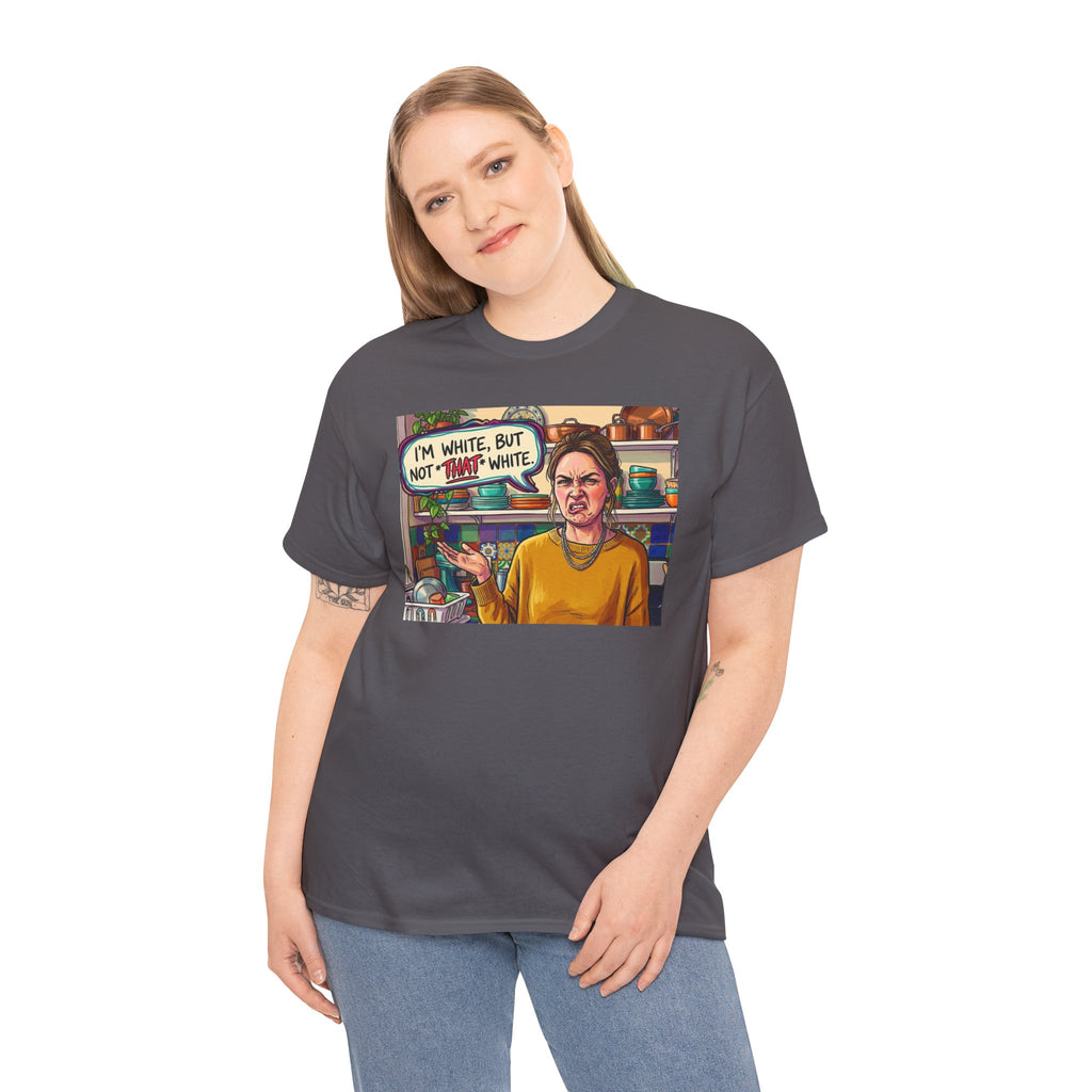 Graphic Tee — "I'm White, But Not THAT White" Illustration with Back Raised Fist Logo