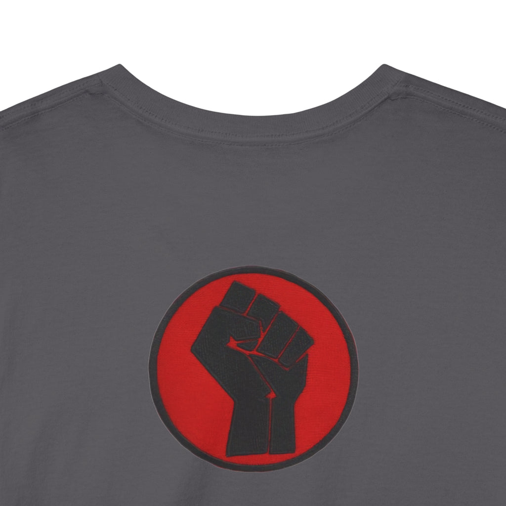 Basketball Jumpman Tee — Retro Skyline Graphic T-Shirt with Red Fist Back Emblem