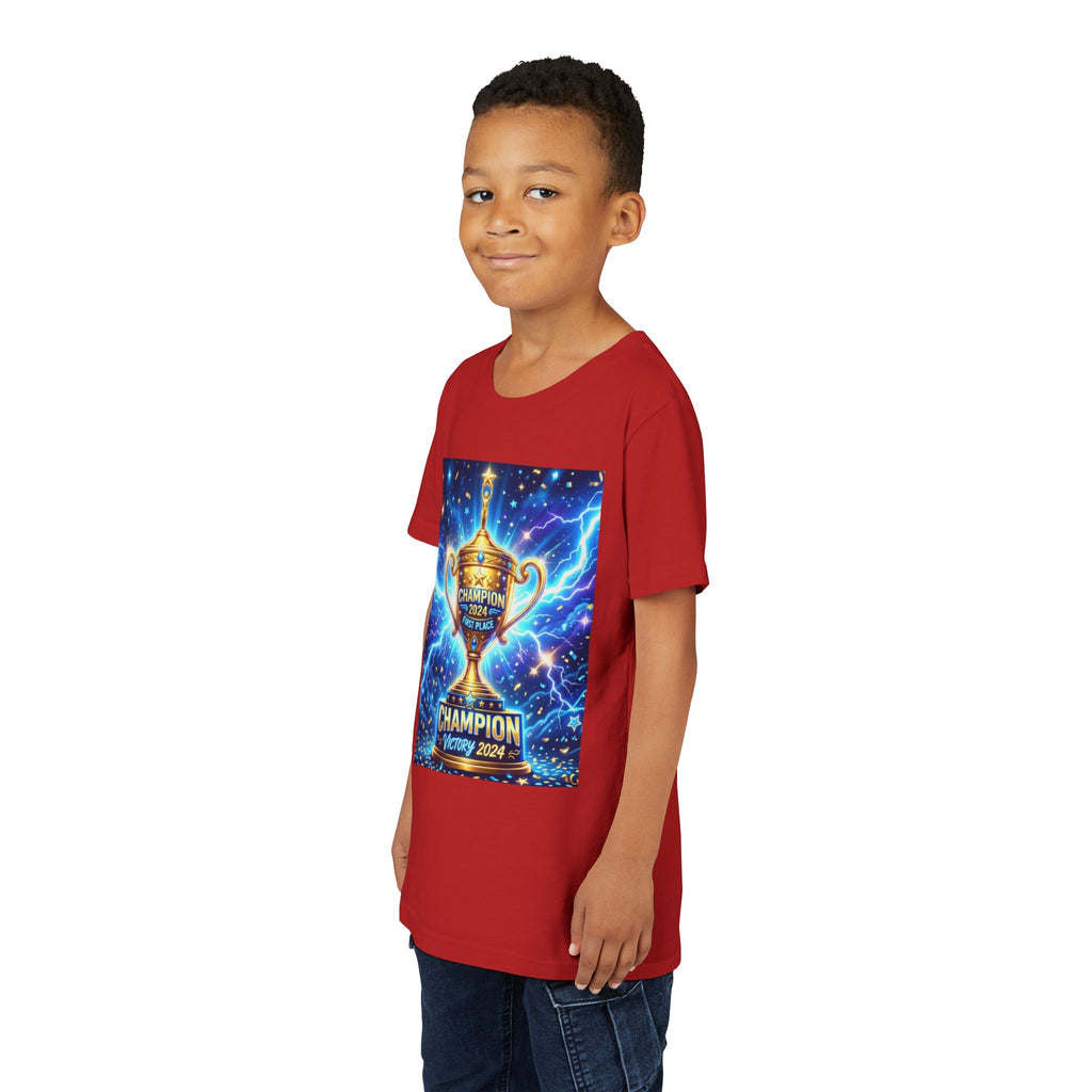 Youth Trophy Lightning Tee — Winning Kids' Short Sleeve Shirt with Stars & Confetti