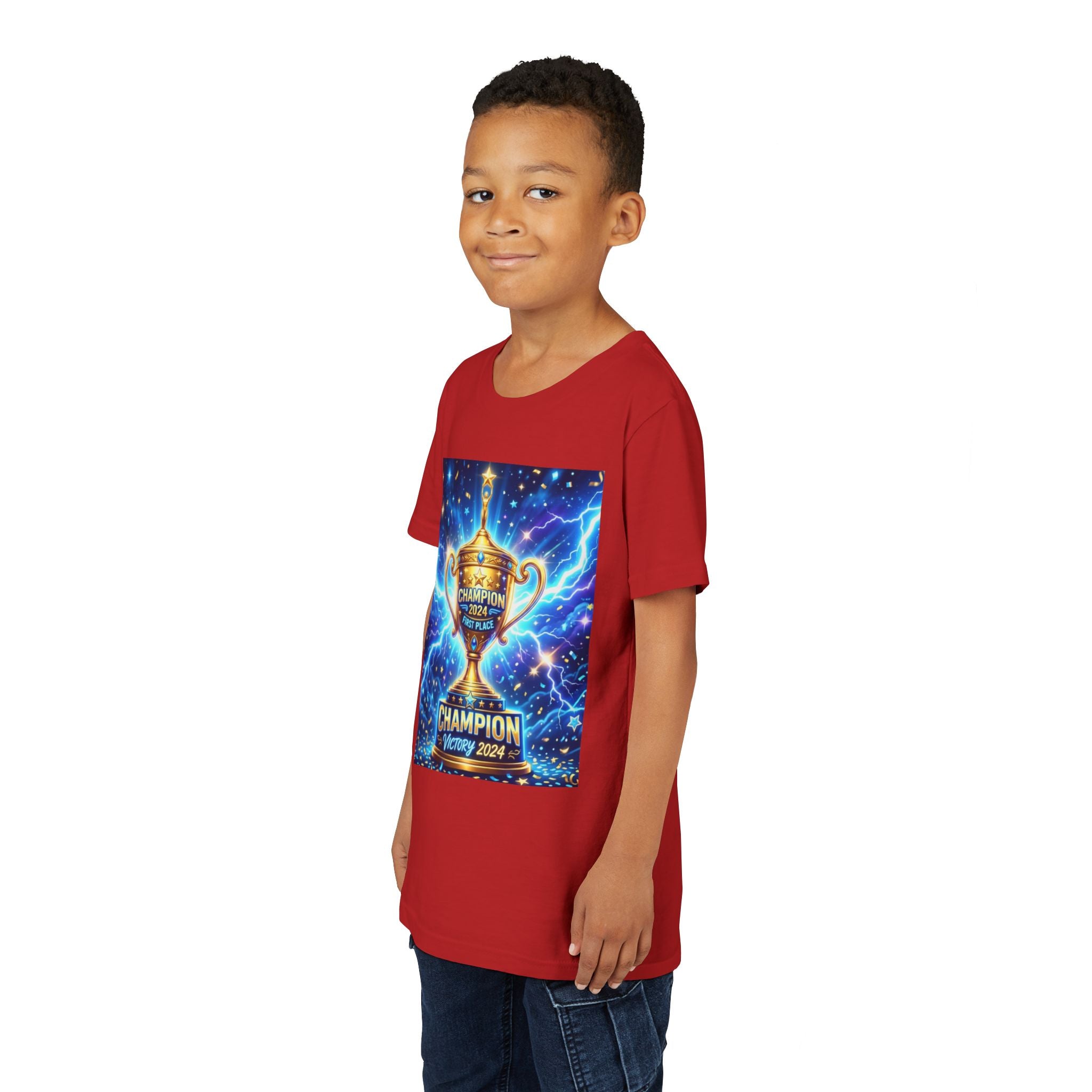 Youth Trophy Lightning Tee — Winning Kids' Short Sleeve Shirt with Stars & Confetti