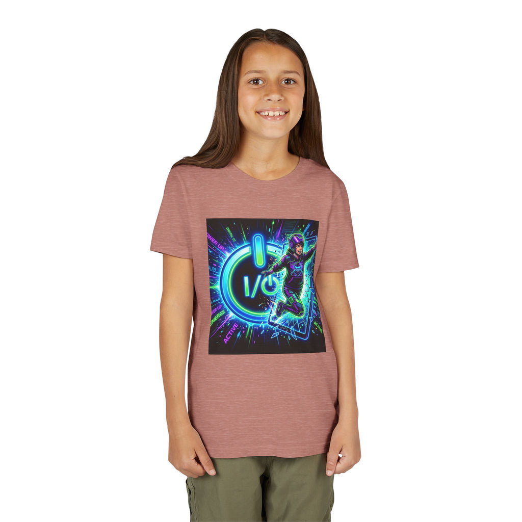 Neon Power Button Tee — Gamer Screen Escape Youth T-Shirt