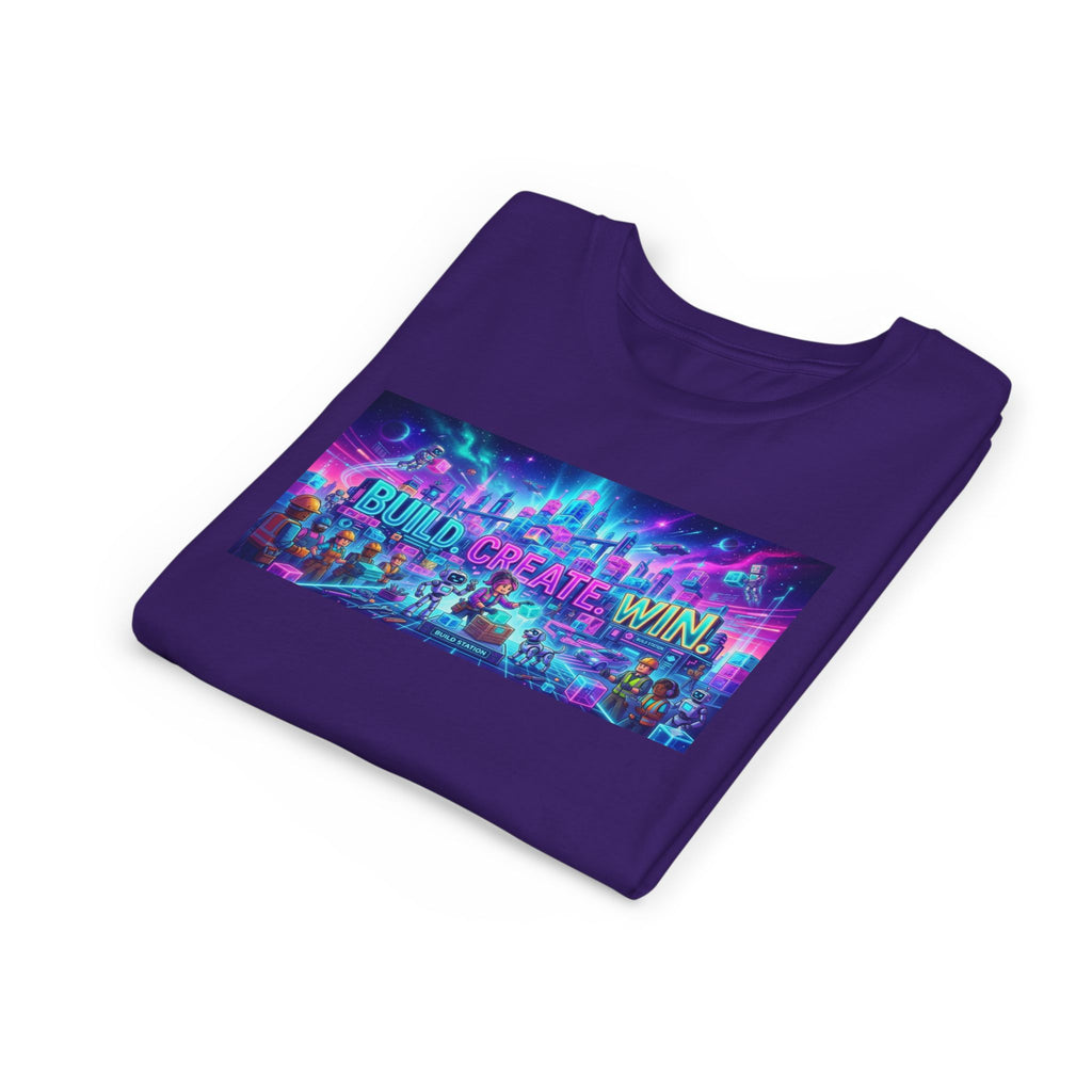 Youth Tee — “BUILD. CREATE. WIN.” Neon Builder City Design