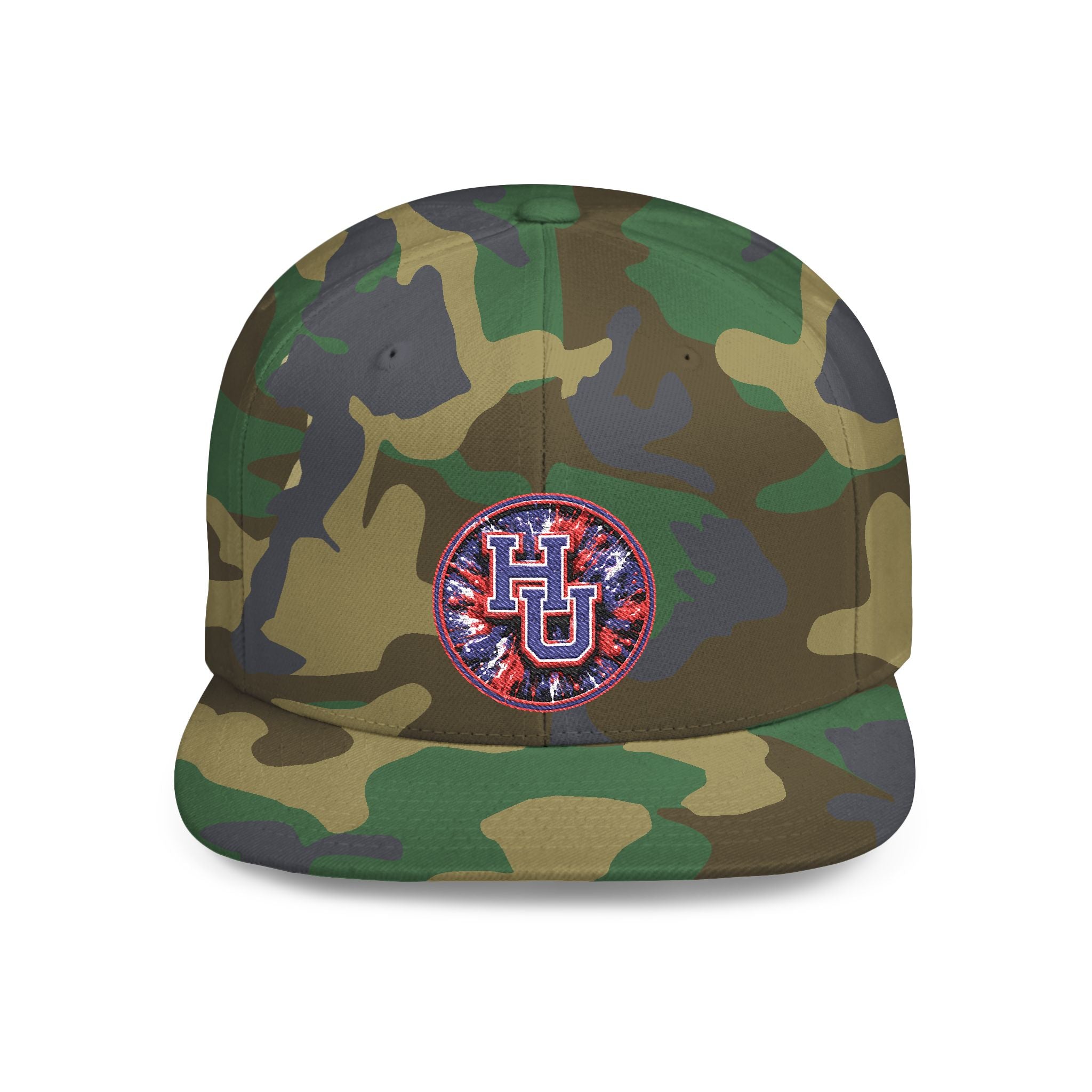HU Logo Flat Bill Snapback Hat — Red & Blue Sequin Patch Cap