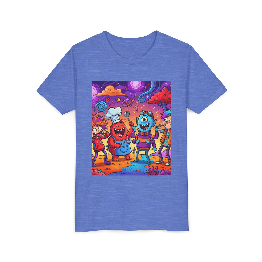 Funny Character Crew Youth Tee — Colorful Crazy Faces Graphic