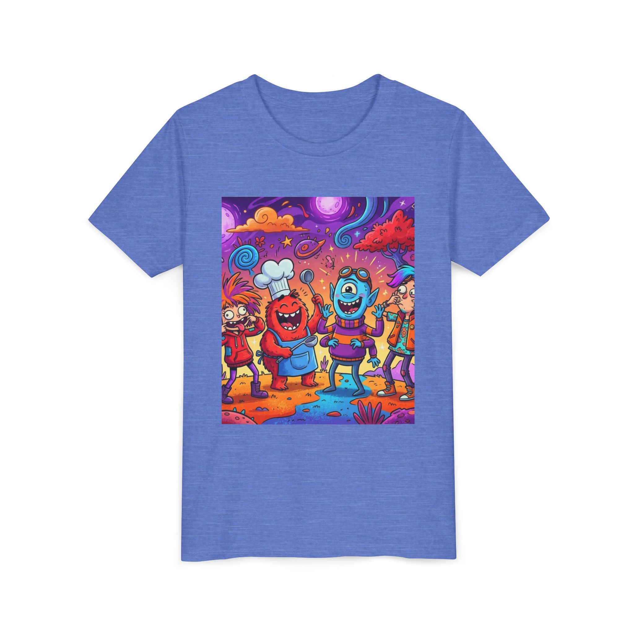 Funny Character Crew Youth Tee — Colorful Crazy Faces Graphic