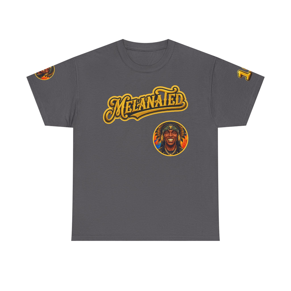 Melanated 19 Graphic Tee — Retro Script Logo & Gold Number Baseball Shirt