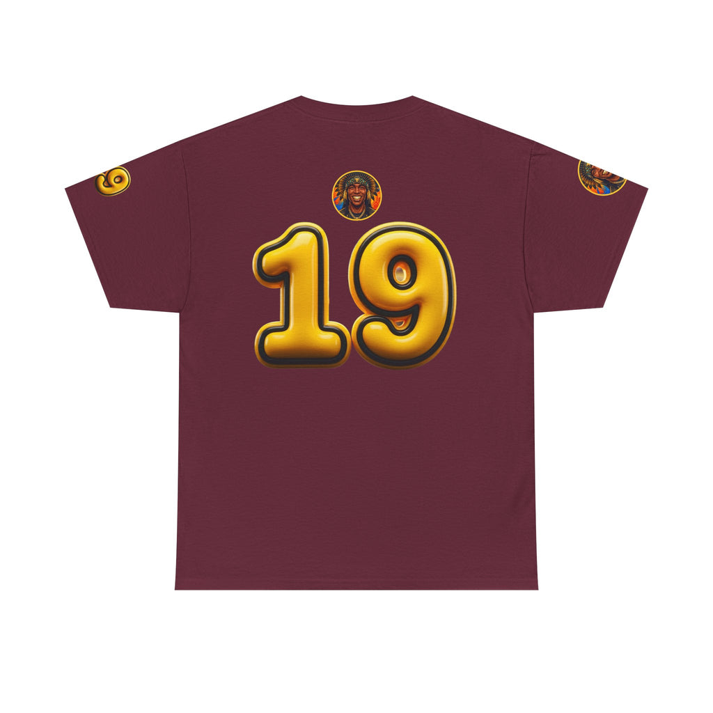 Melanated 19 Graphic Tee — Retro Script Logo & Gold Number Baseball Shirt