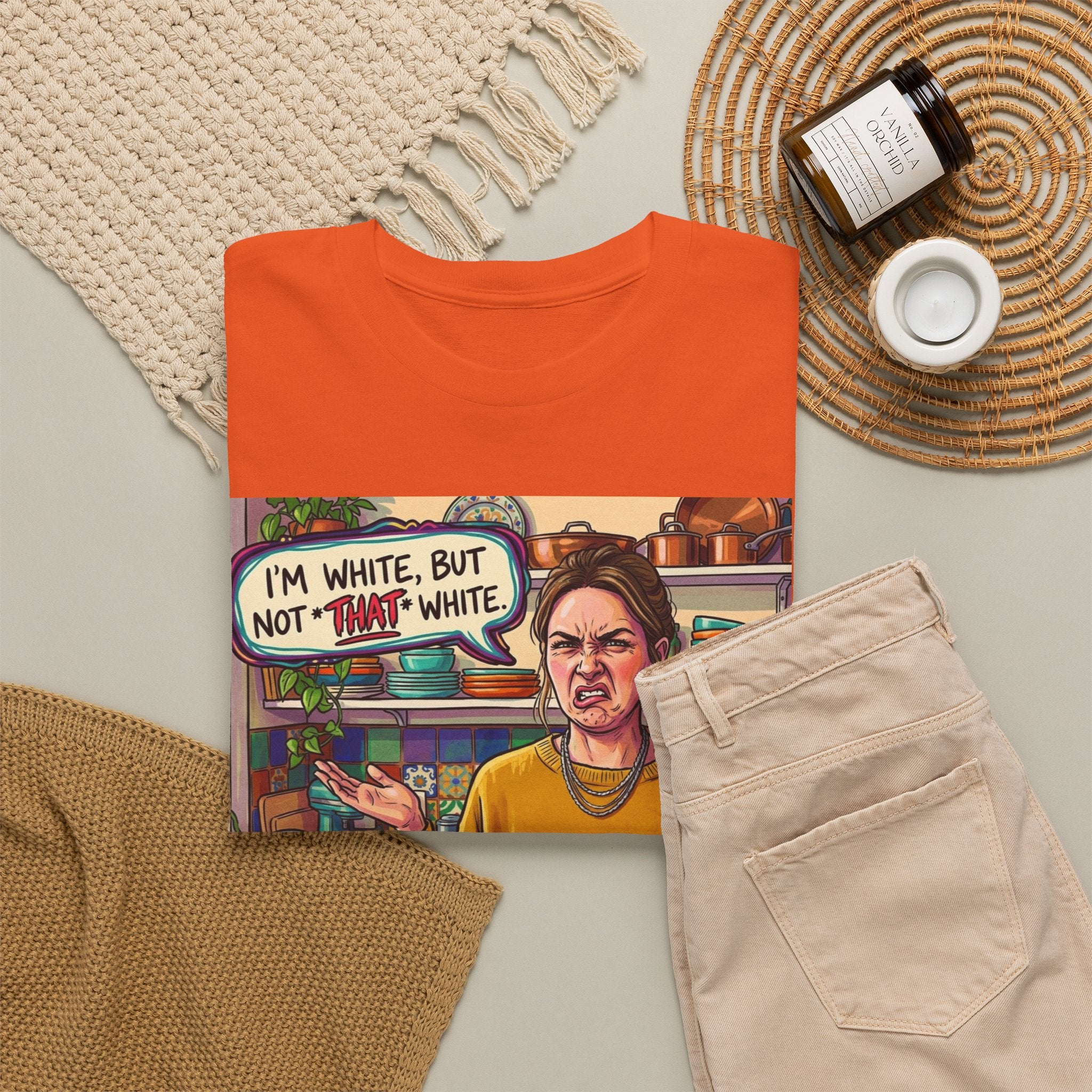 Graphic Tee — "I'm White, But Not THAT White" Illustration with Back Raised Fist Logo