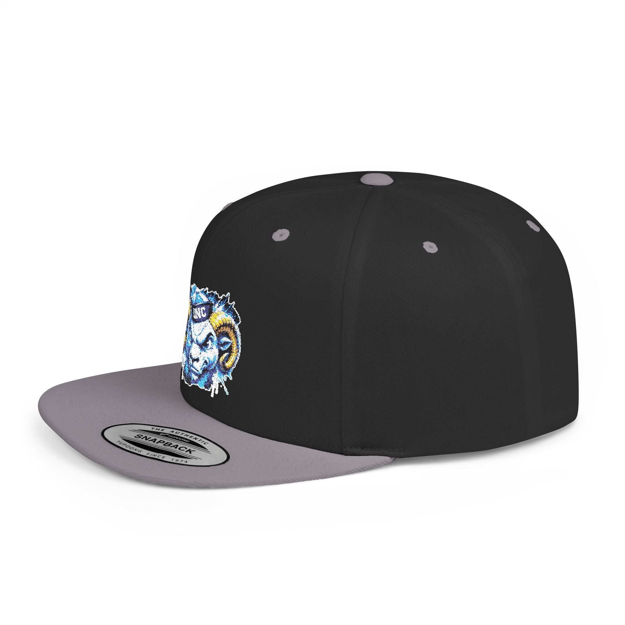 Ram Head Snapback Hat — Blue & Gold Embroidered Flat-Bill Cap