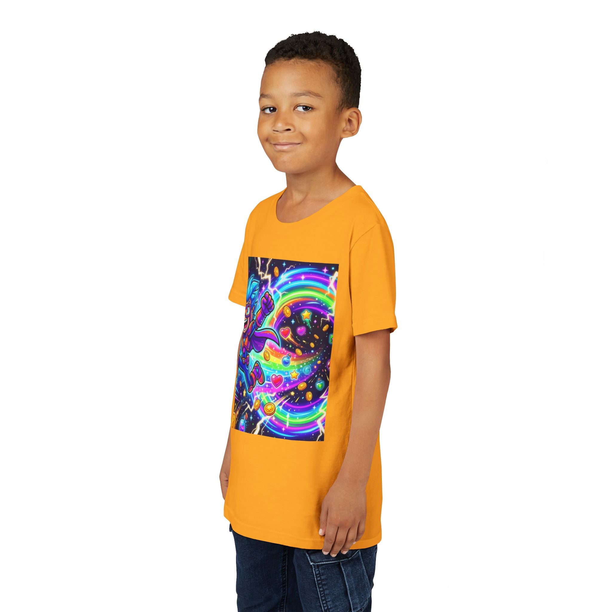 Retro Pixel Explosion Youth Tee — Smiling Avatar, Hearts, Gems & Controllers