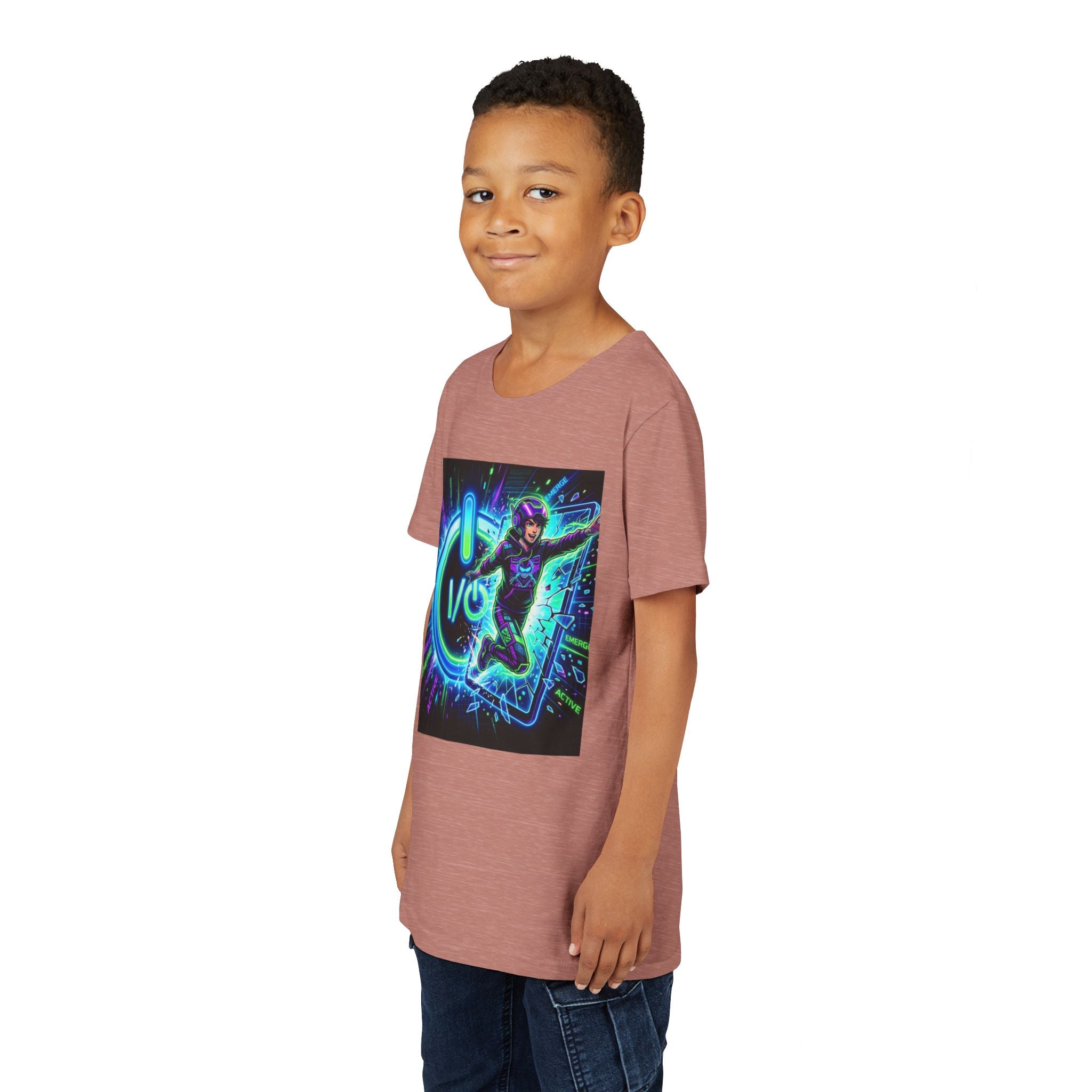 Neon Power Button Tee — Gamer Screen Escape Youth T-Shirt