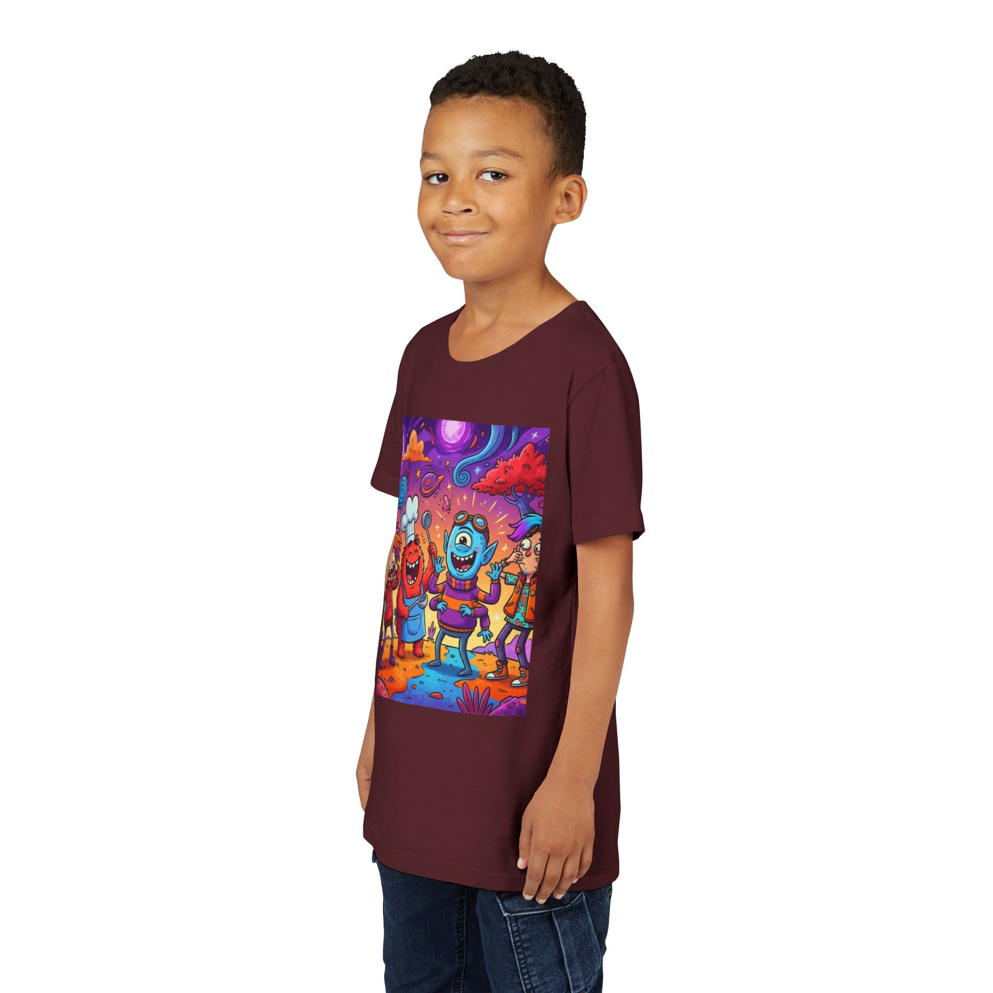 Funny Character Crew Youth Tee — Colorful Crazy Faces Graphic