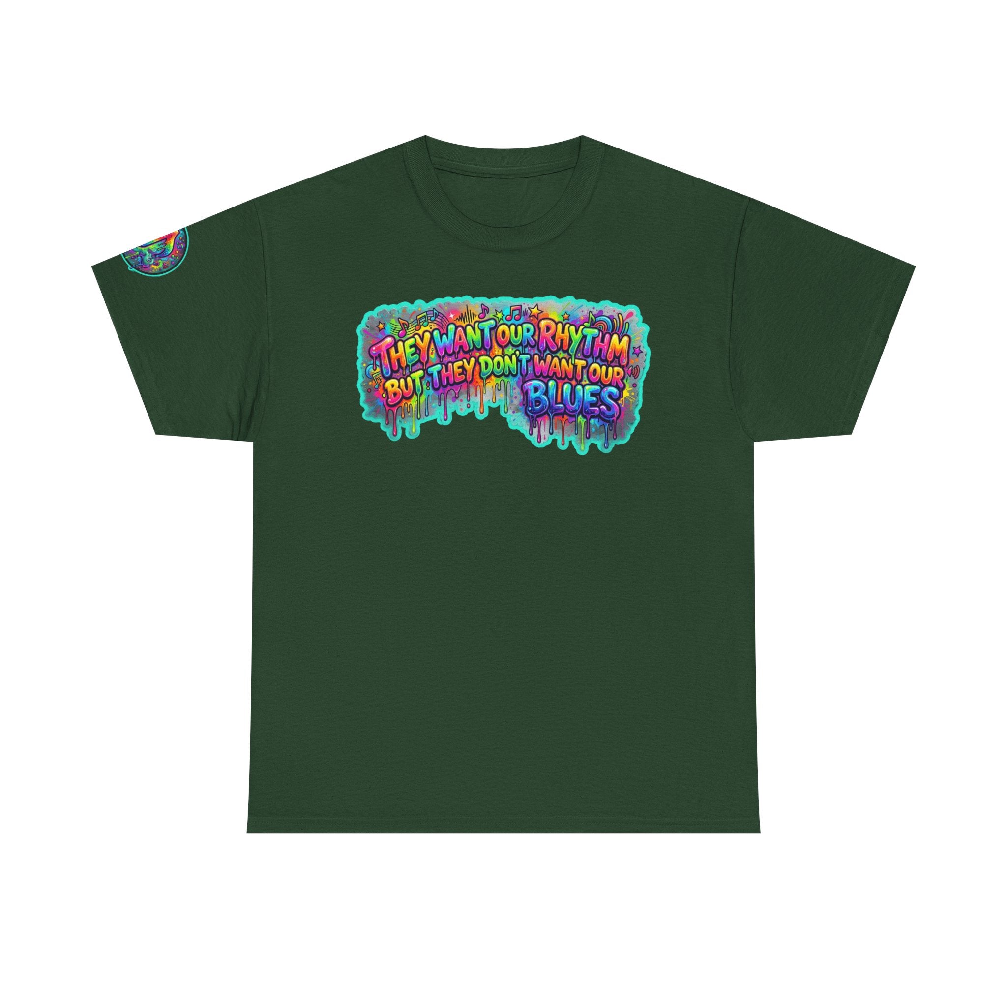 Music Vibes Tee — “They Want Our Rhythm But They Don’t Want Our Blues” Psychedelic Drip Note T-Shirt
