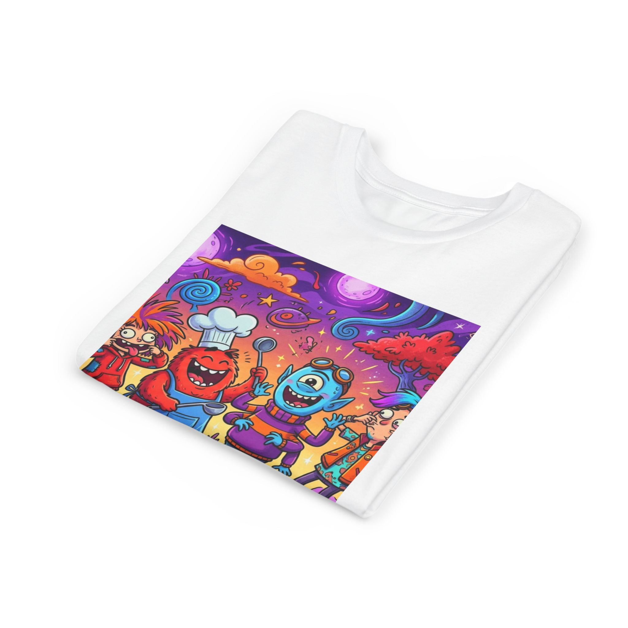 Funny Character Crew Youth Tee — Colorful Crazy Faces Graphic