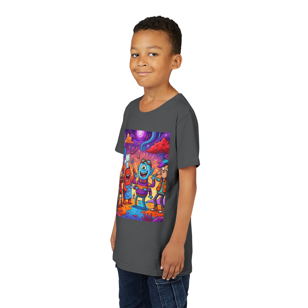 Funny Character Crew Youth Tee — Colorful Crazy Faces Graphic