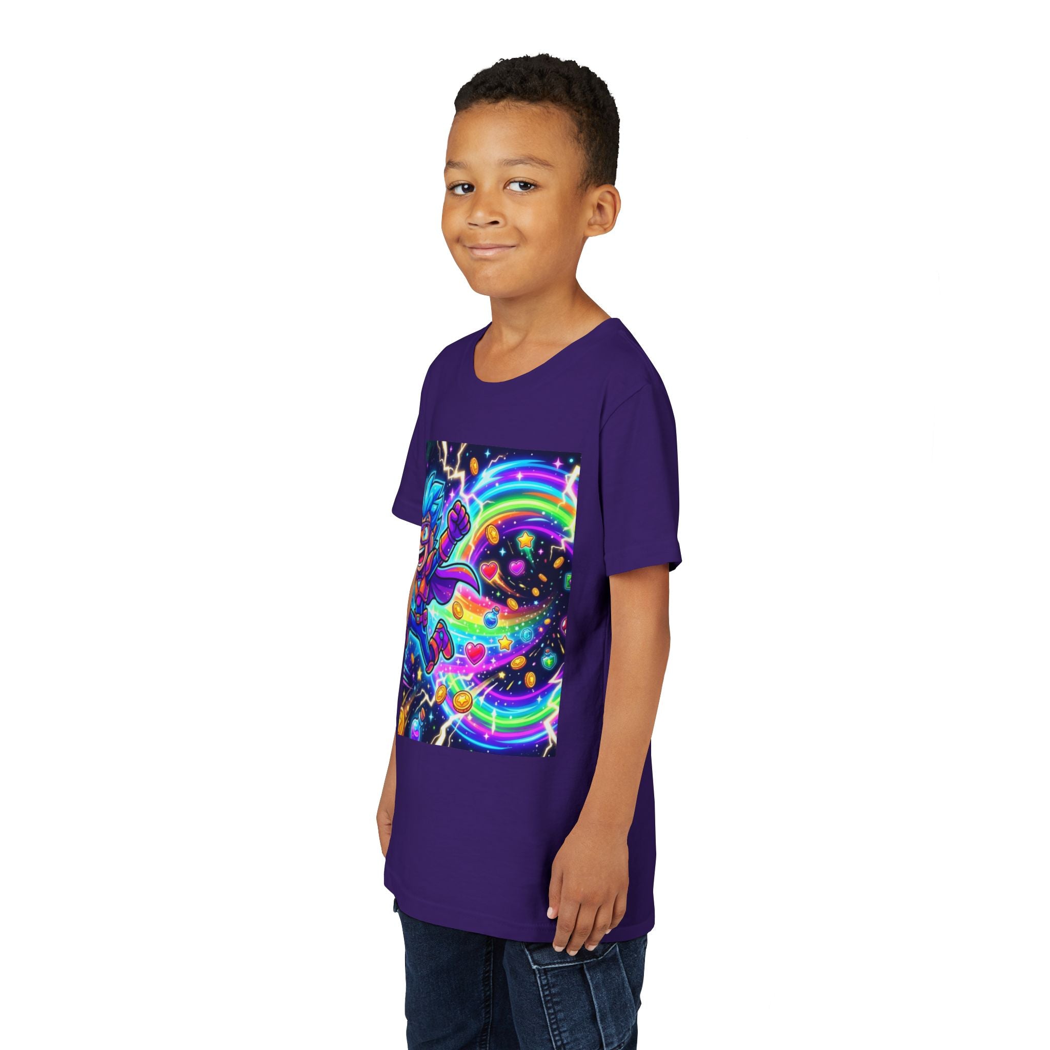 Retro Pixel Explosion Youth Tee — Smiling Avatar, Hearts, Gems & Controllers
