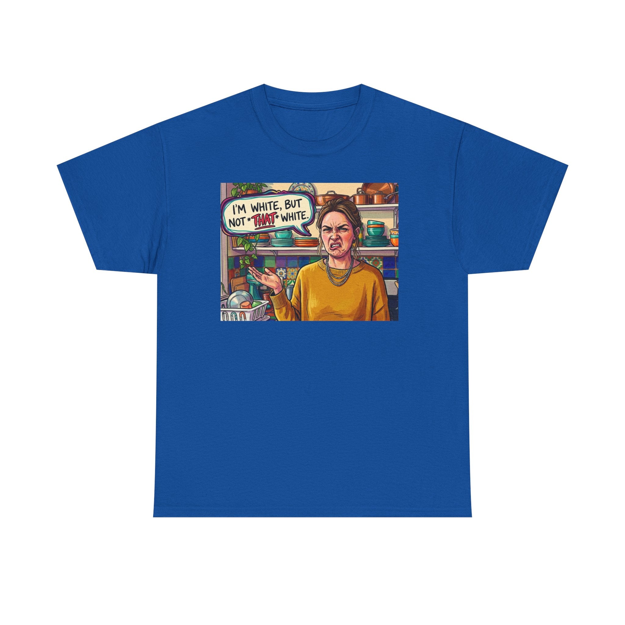 Graphic Tee — "I'm White, But Not THAT White" Illustration with Back Raised Fist Logo